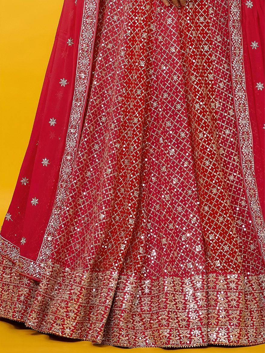 Red Geometric Embroidery Georgette Lehenga Choli