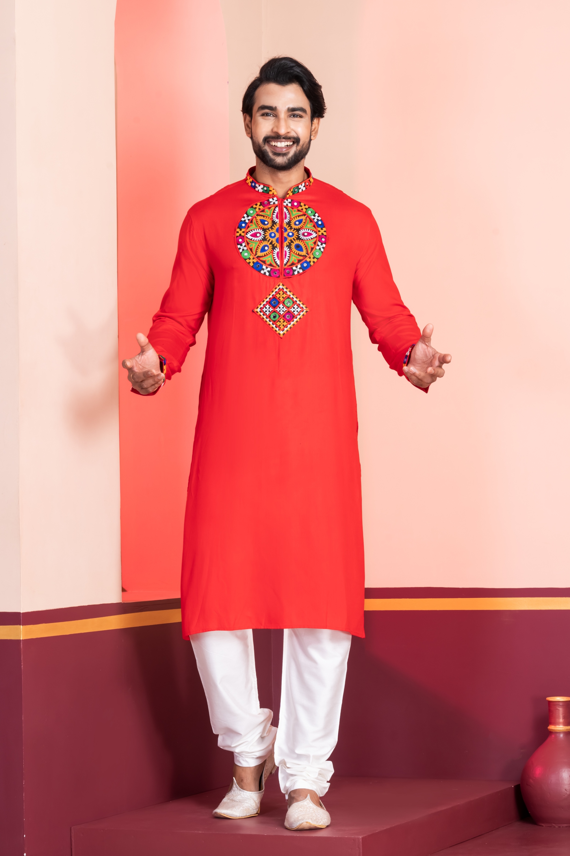 Red Geometric Embroidery Rayon Kurta Pyjama