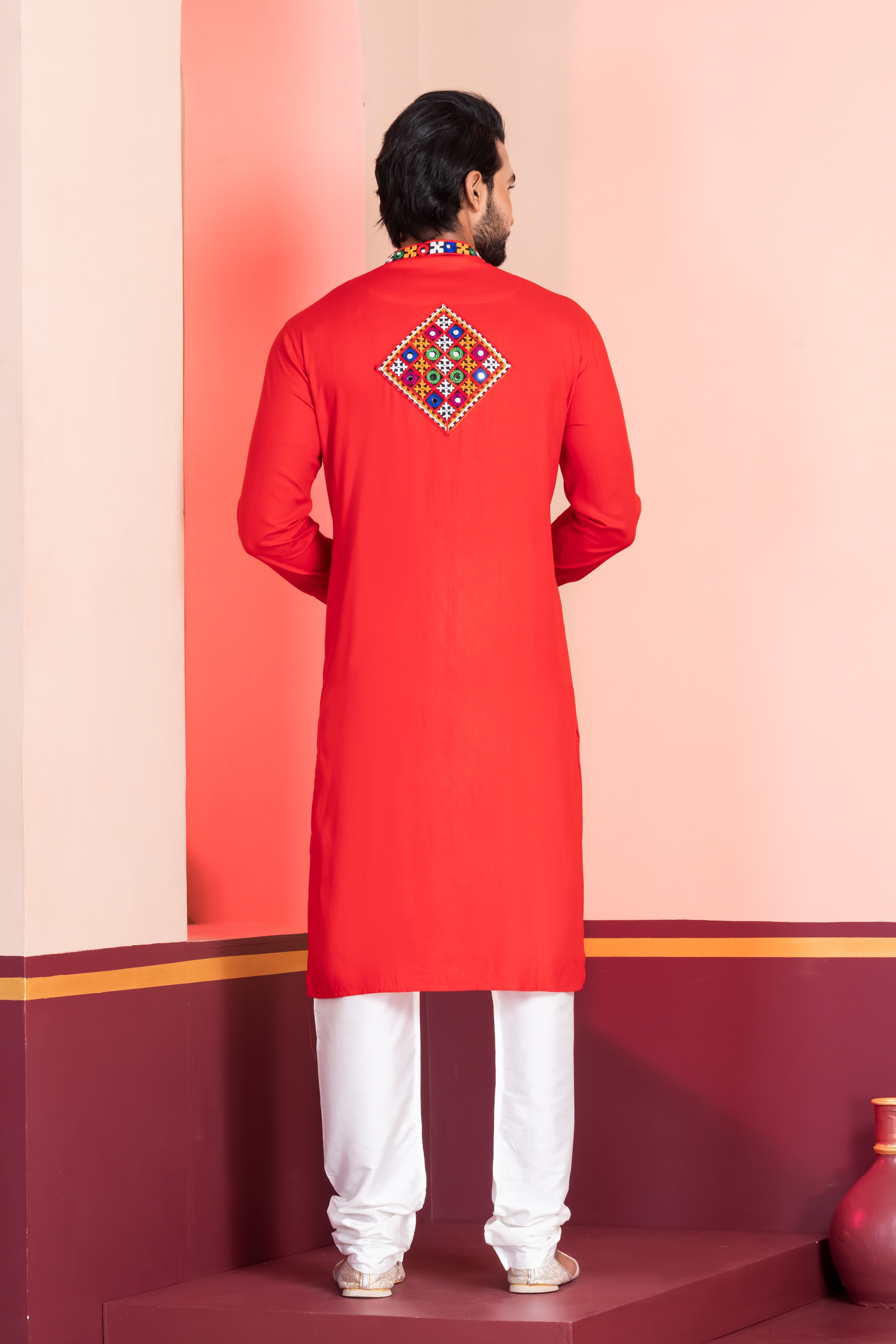 Red Geometric Embroidery Rayon Kurta Pyjama — alternate view