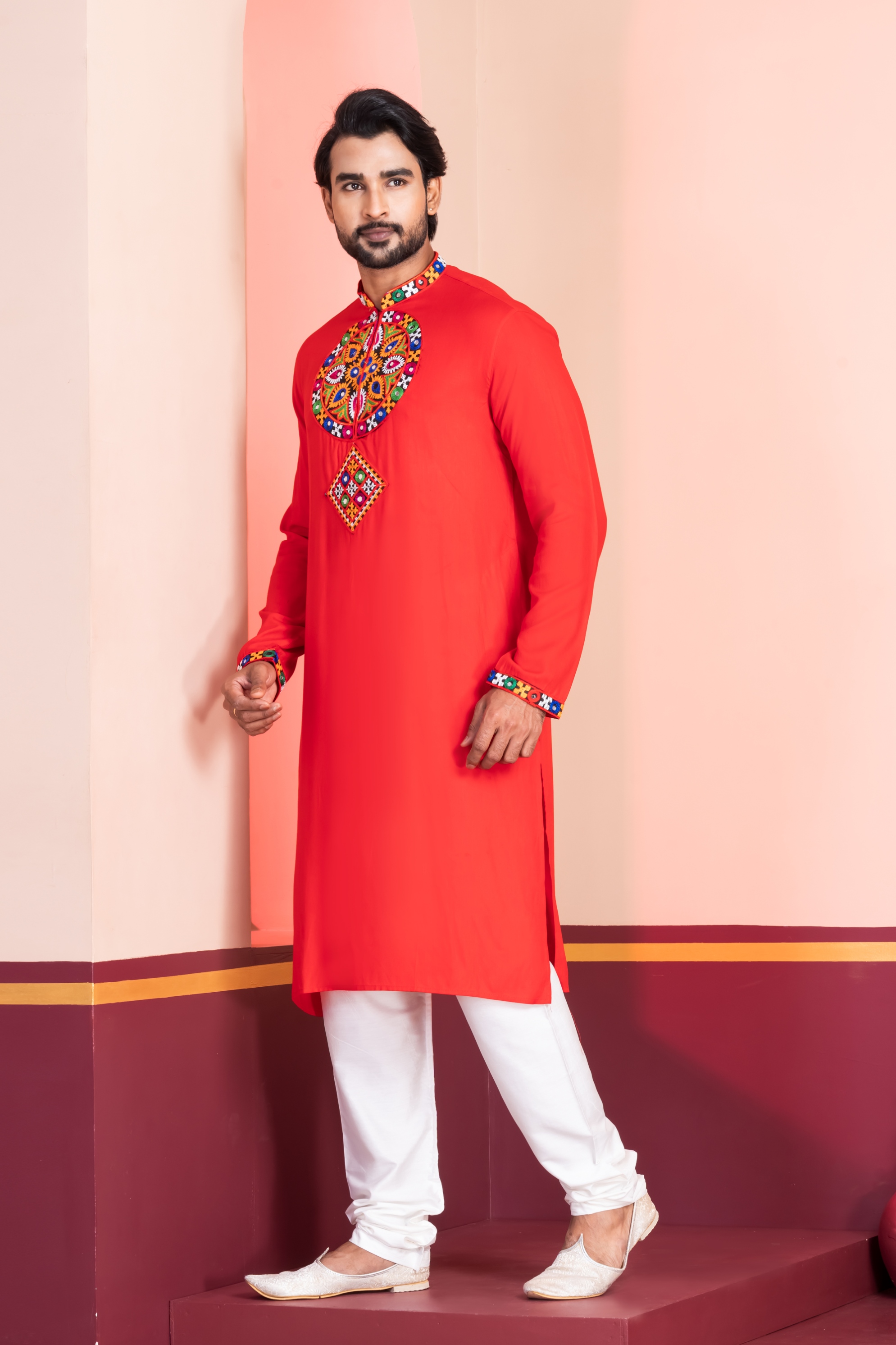 Red Geometric Embroidery Rayon Kurta Pyjama