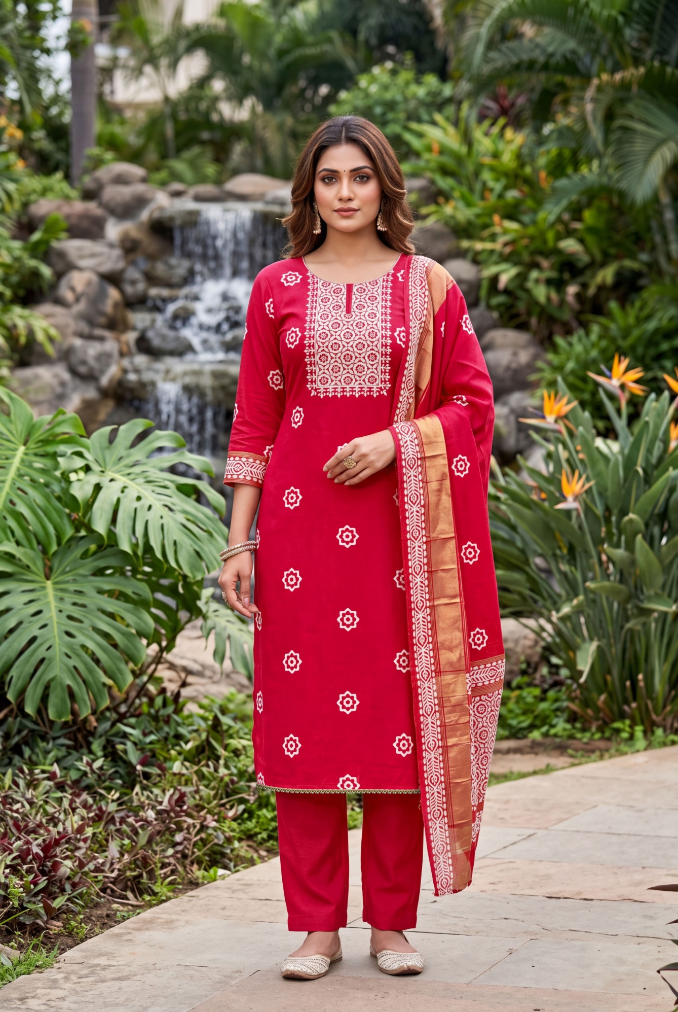 Red Geometric Handwork Banarasi Cotton Straight Suit