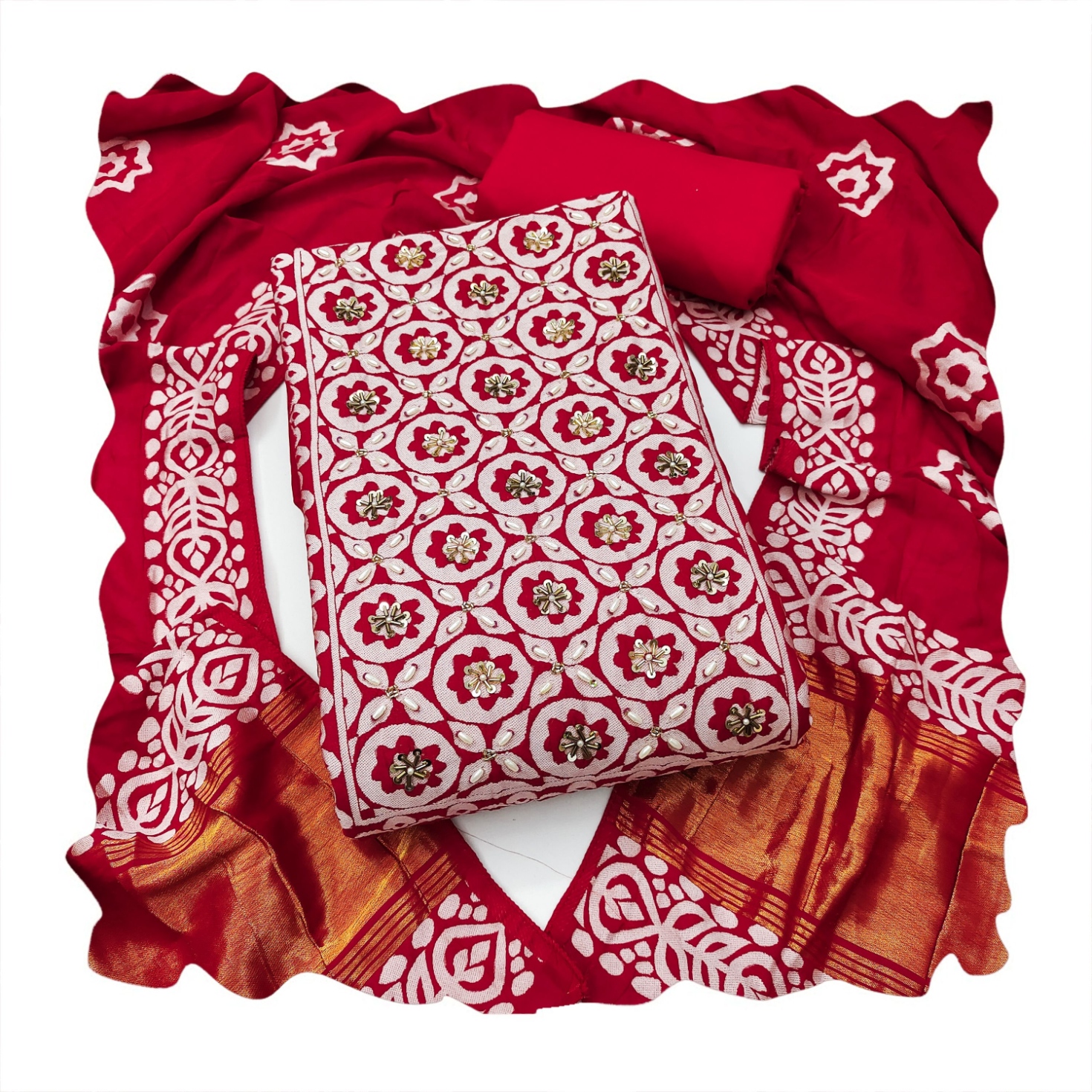 Red Geometric Handwork Banarasi Cotton Straight Suit — alternate view