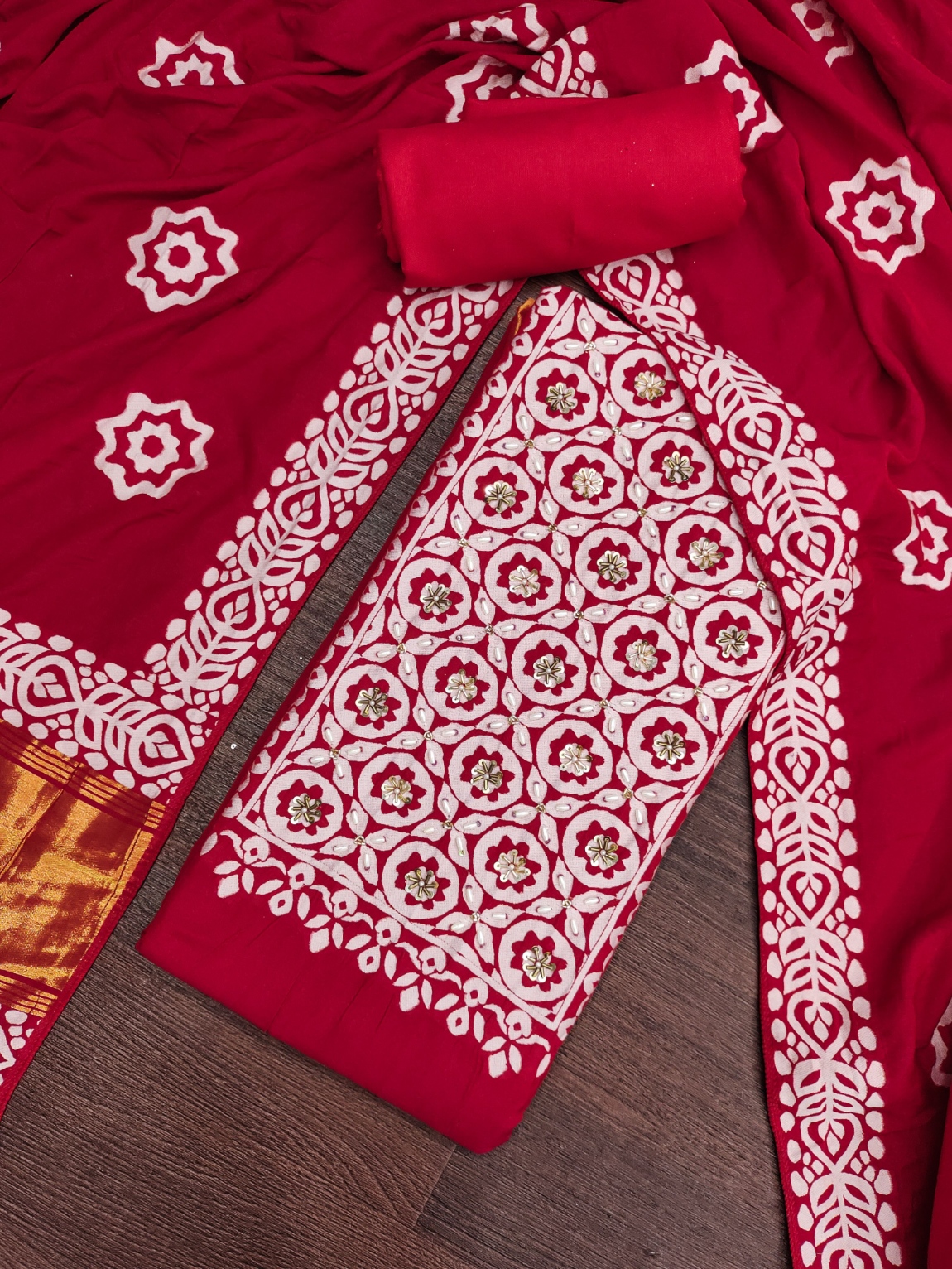 Red Geometric Handwork Banarasi Cotton Straight Suit