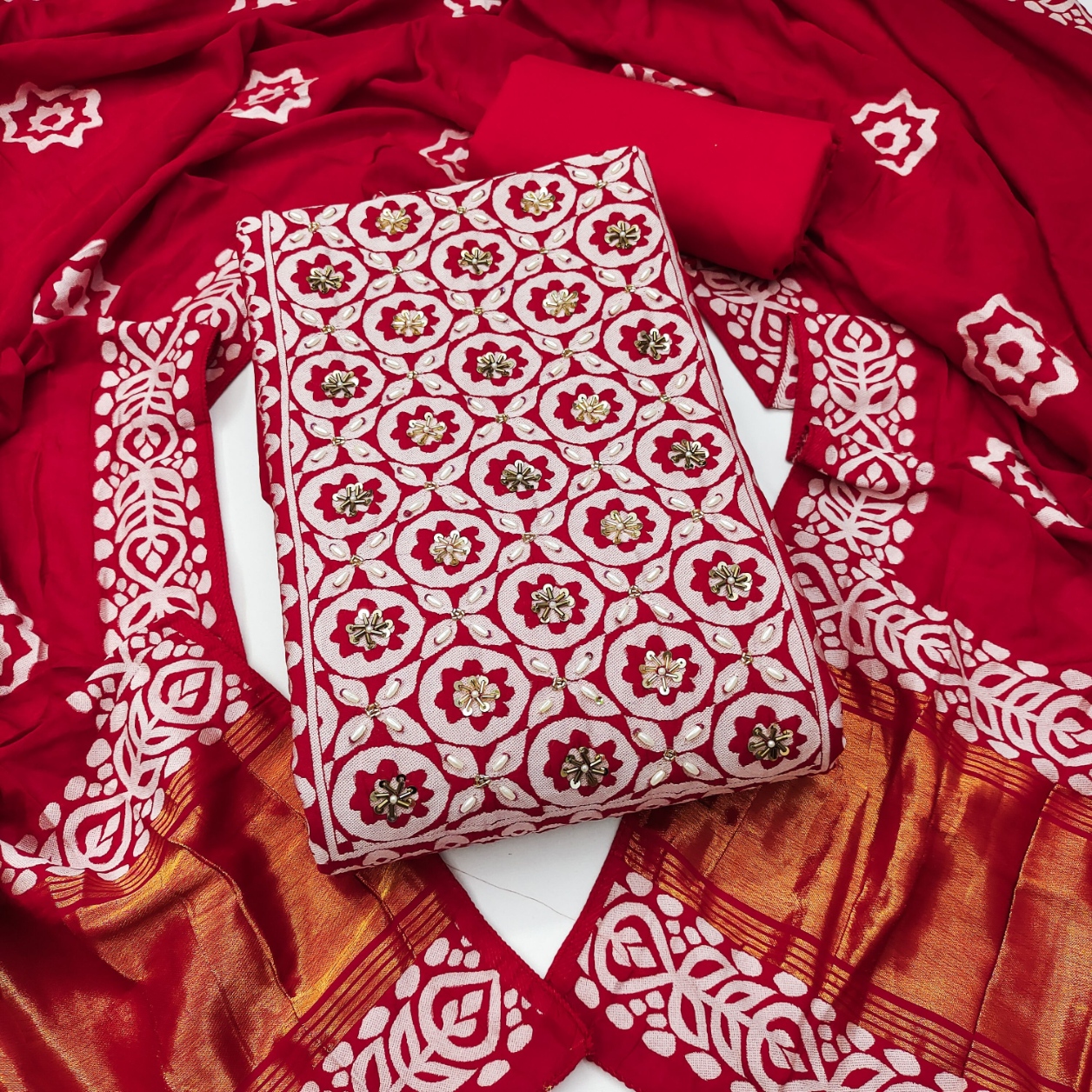 Red Geometric Handwork Banarasi Cotton Straight Suit