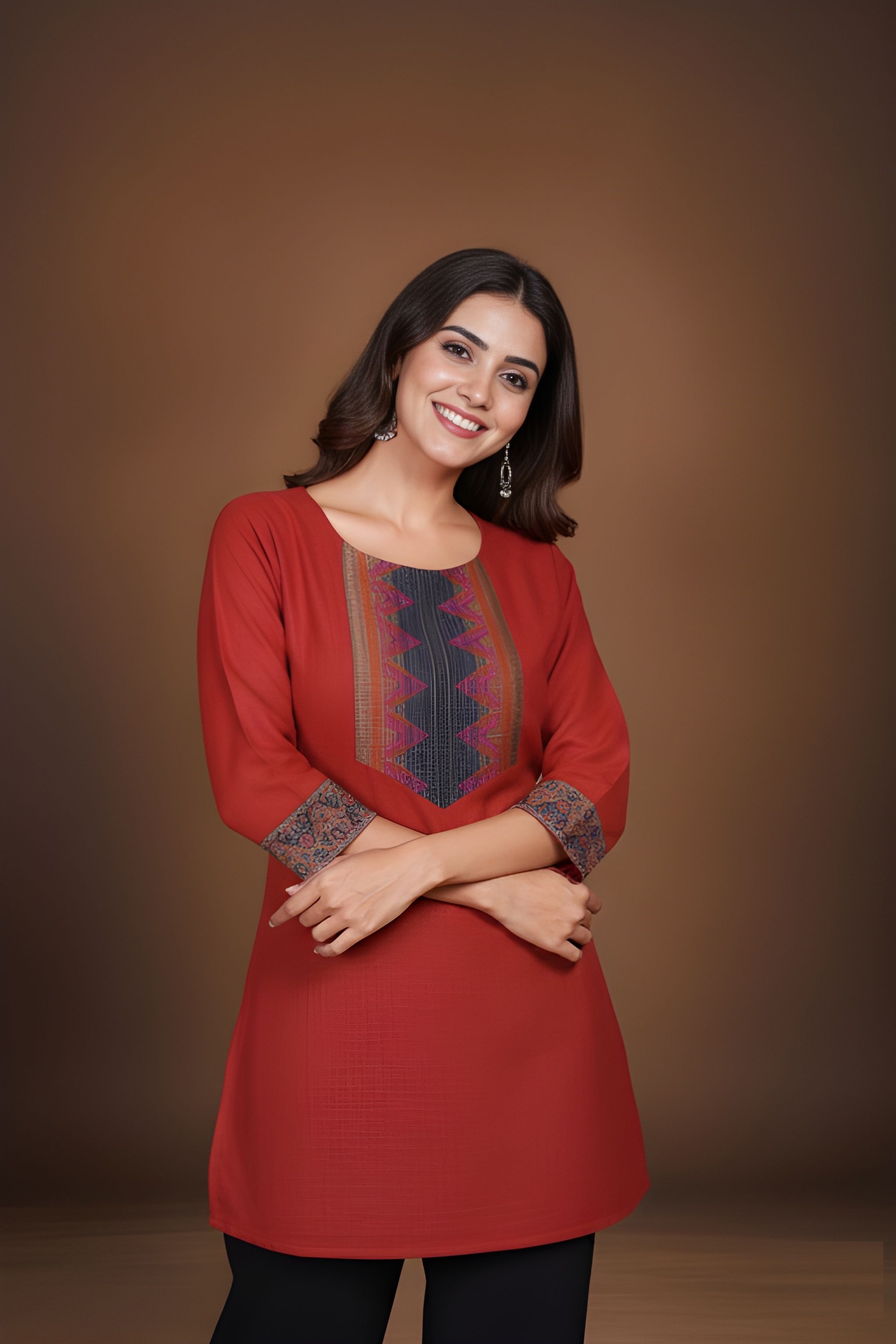 Red Geometric Lace Work Cotton Tunic Top