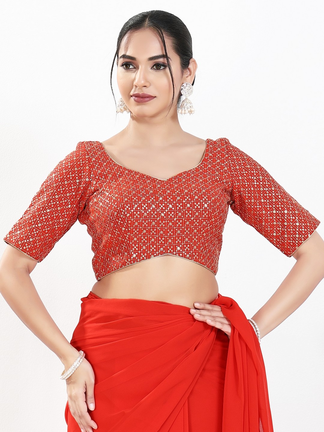 Red Geometric Thread Silk Designer Blouse