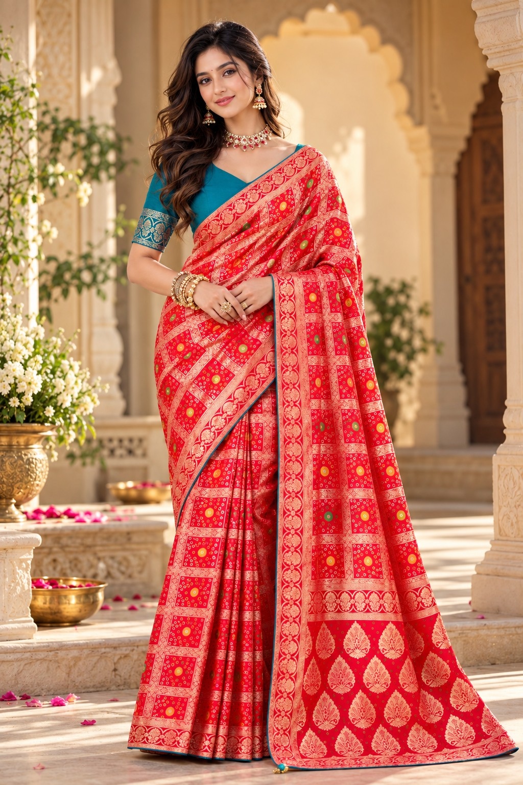 Red Geometric Woven Zari Satin Silk Saree