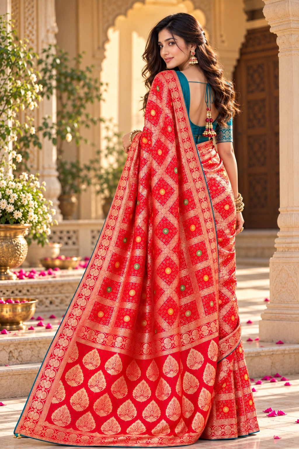Red Geometric Woven Zari Satin Silk Saree — alternate view
