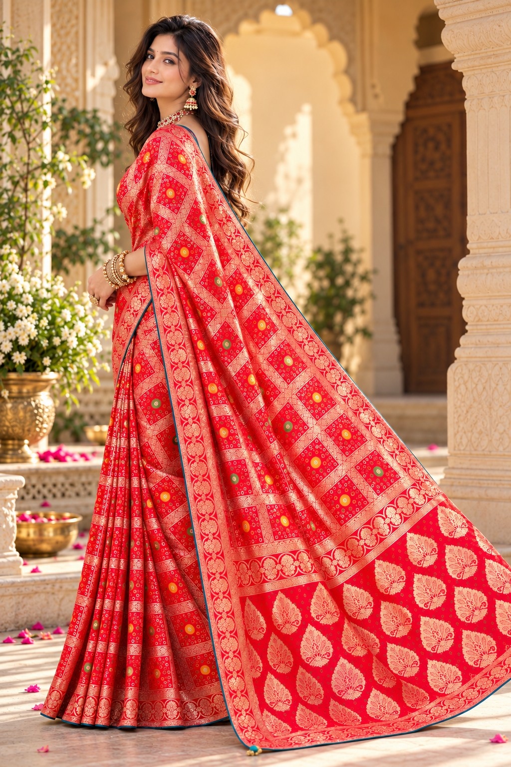 Red Geometric Woven Zari Satin Silk Saree
