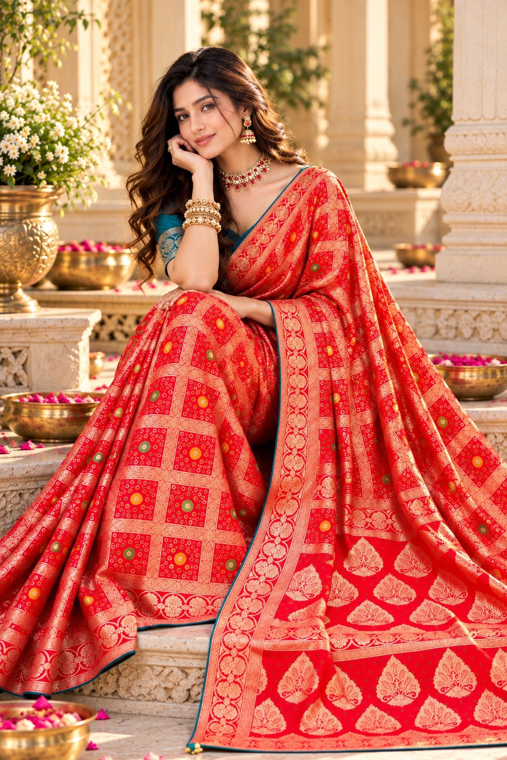 Red Geometric Woven Zari Satin Silk Saree