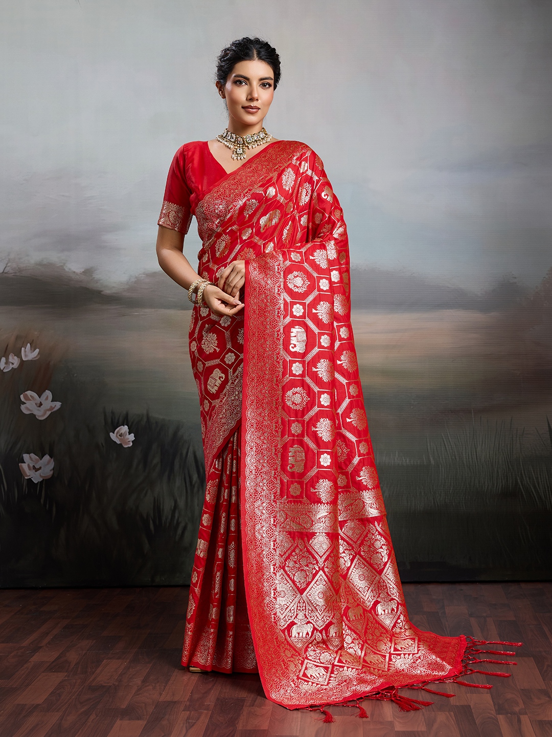 Red Geometric Zari Silk Blend Saree