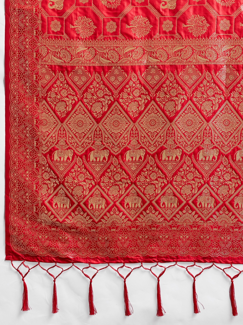Red Geometric Zari Silk Blend Saree