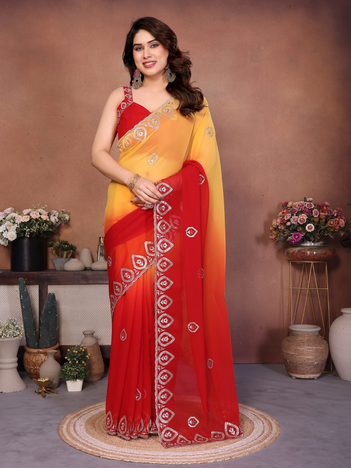Red Georgette Embroidered Ombre Fluid Saree