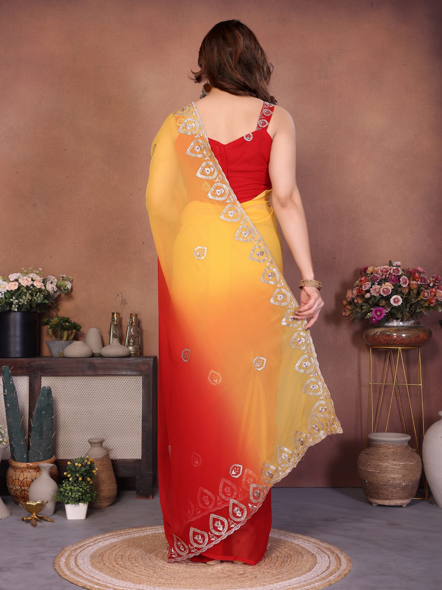 Red Georgette Embroidered Ombre Fluid Saree — alternate view