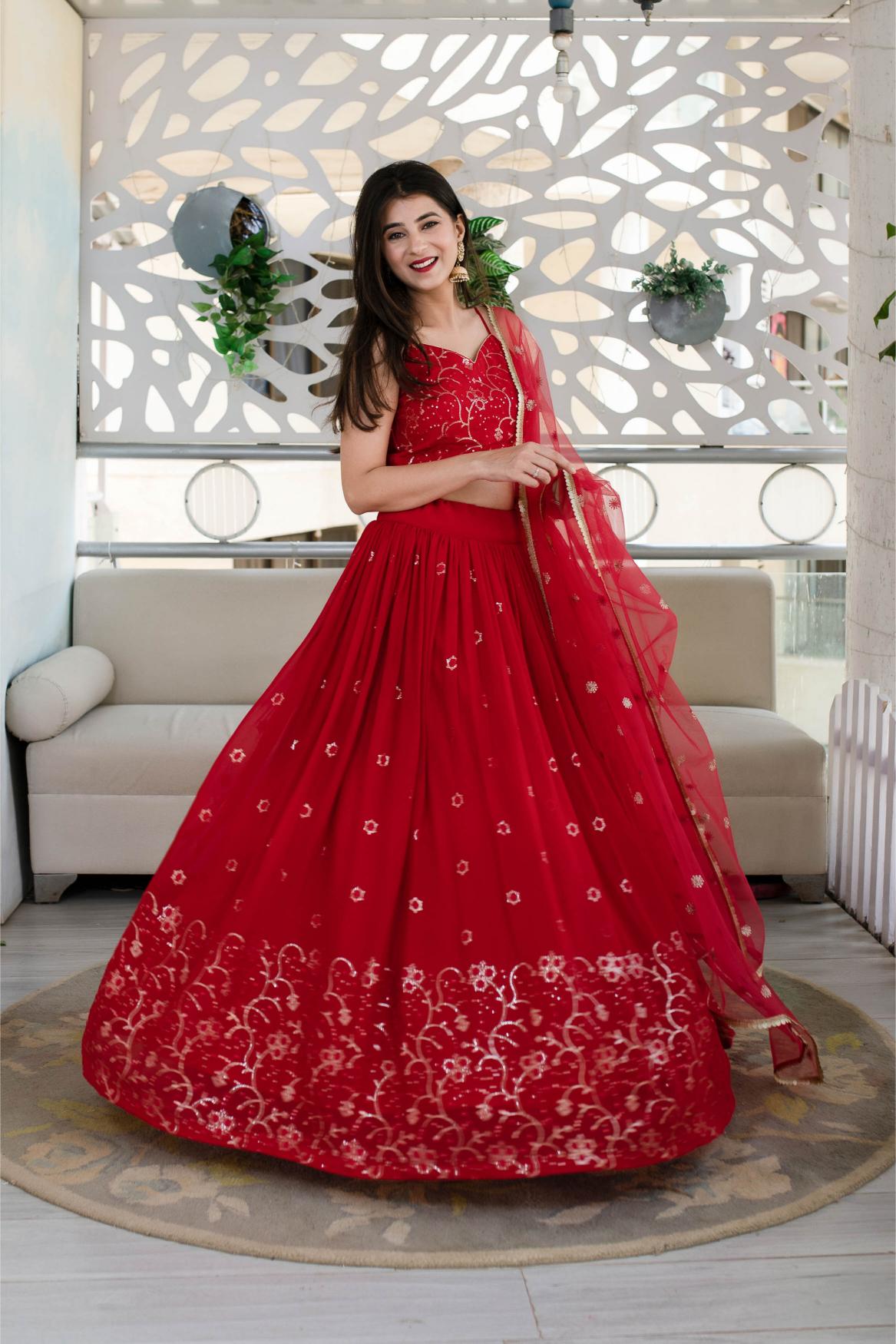 Red Georgette Festive Lehenga