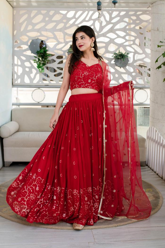 Red Georgette Festive Lehenga