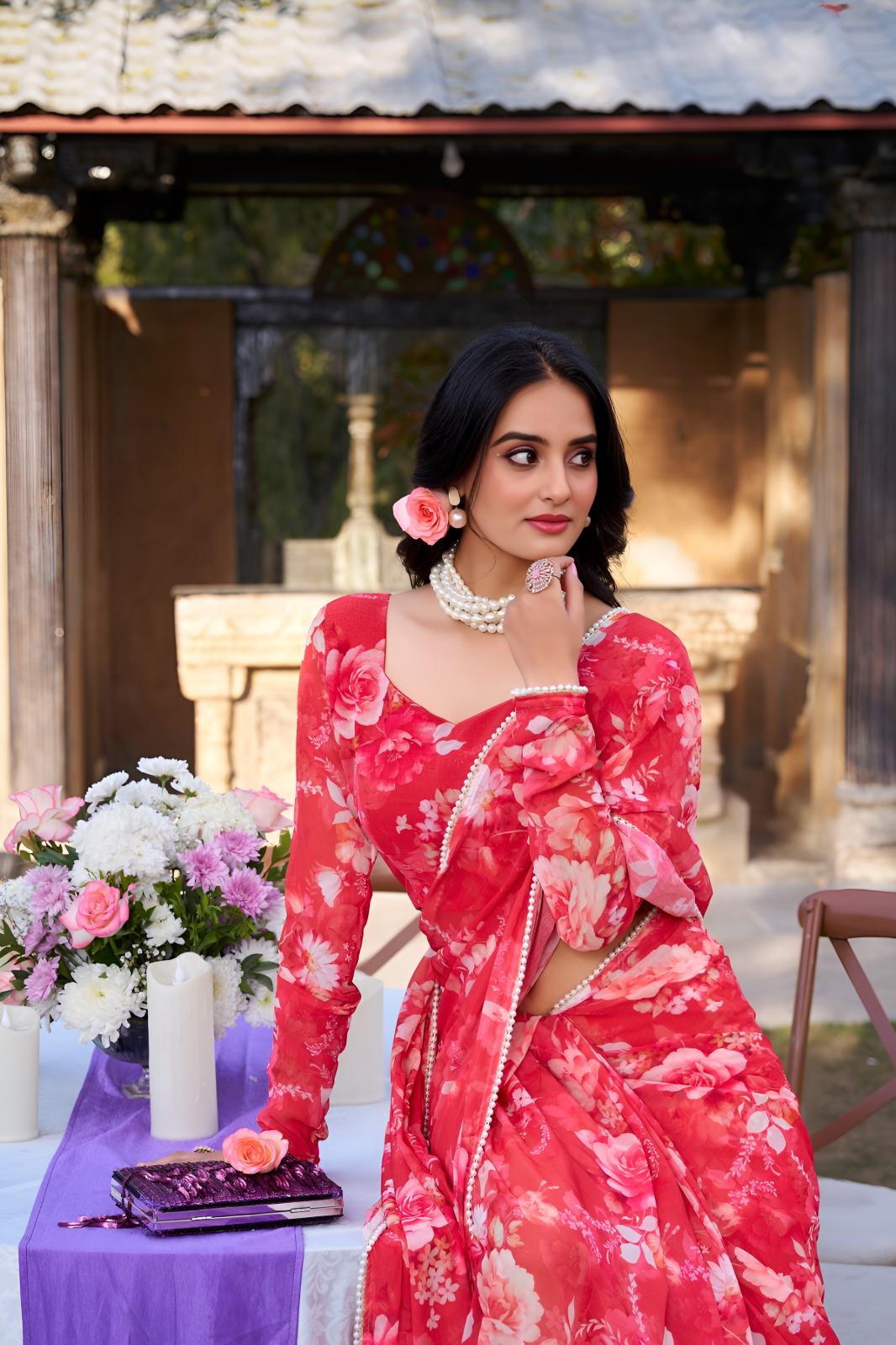 Red Georgette Floral Printed Ready To Wear Saree