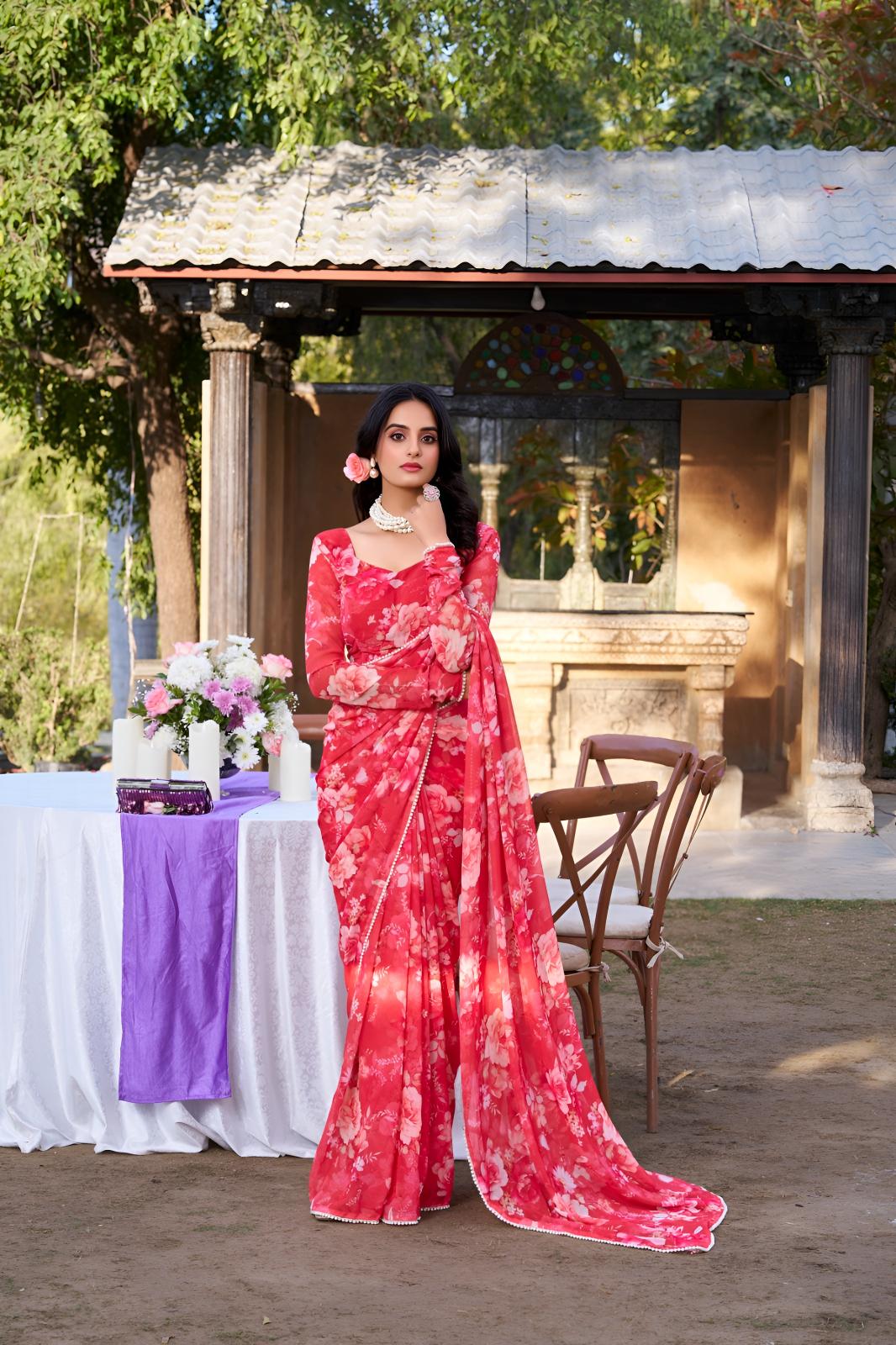 Red Georgette Floral Printed Ready To Wear Saree