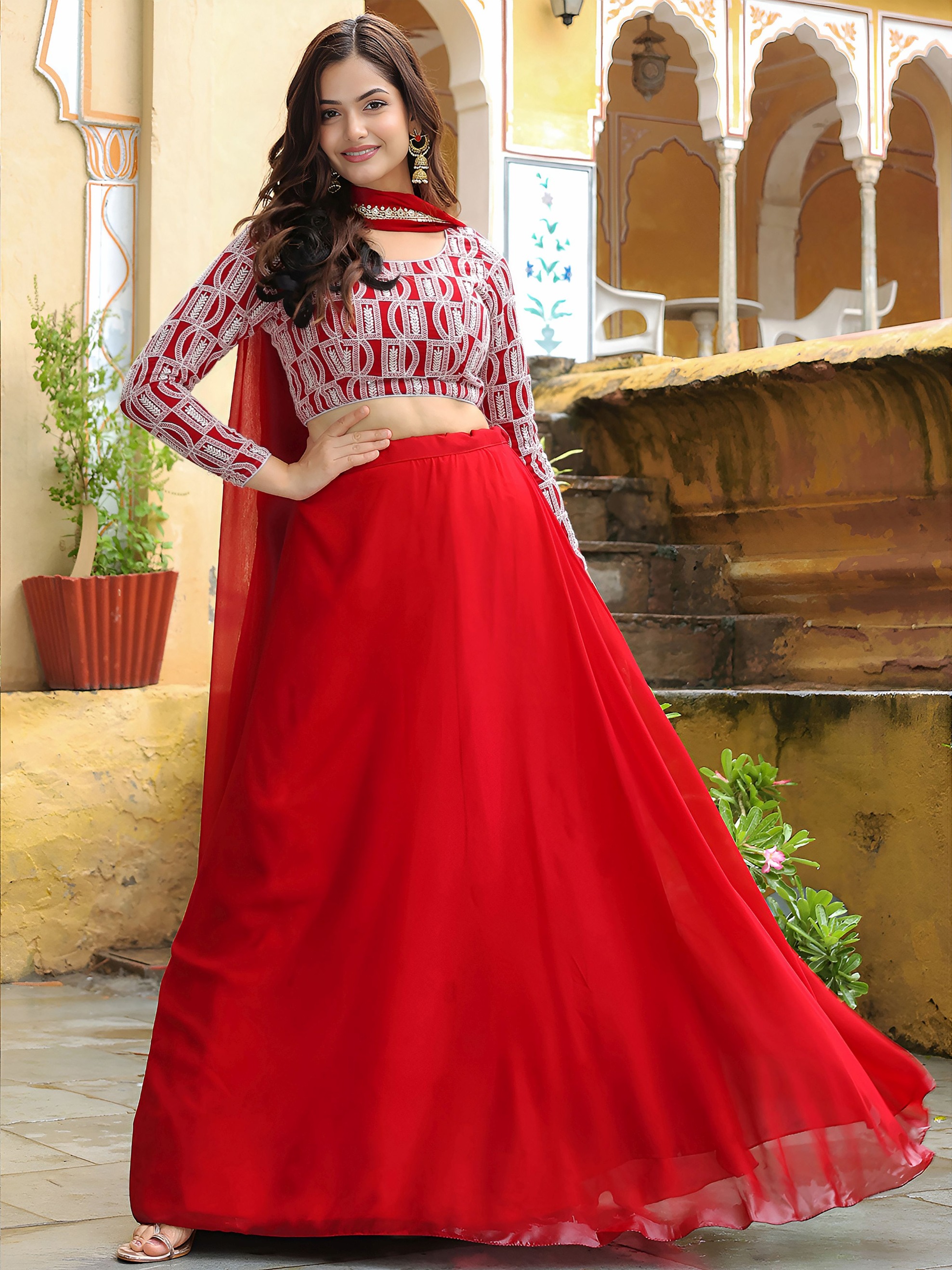 Red Georgette Geometric Precision Flared Lehenga Choli