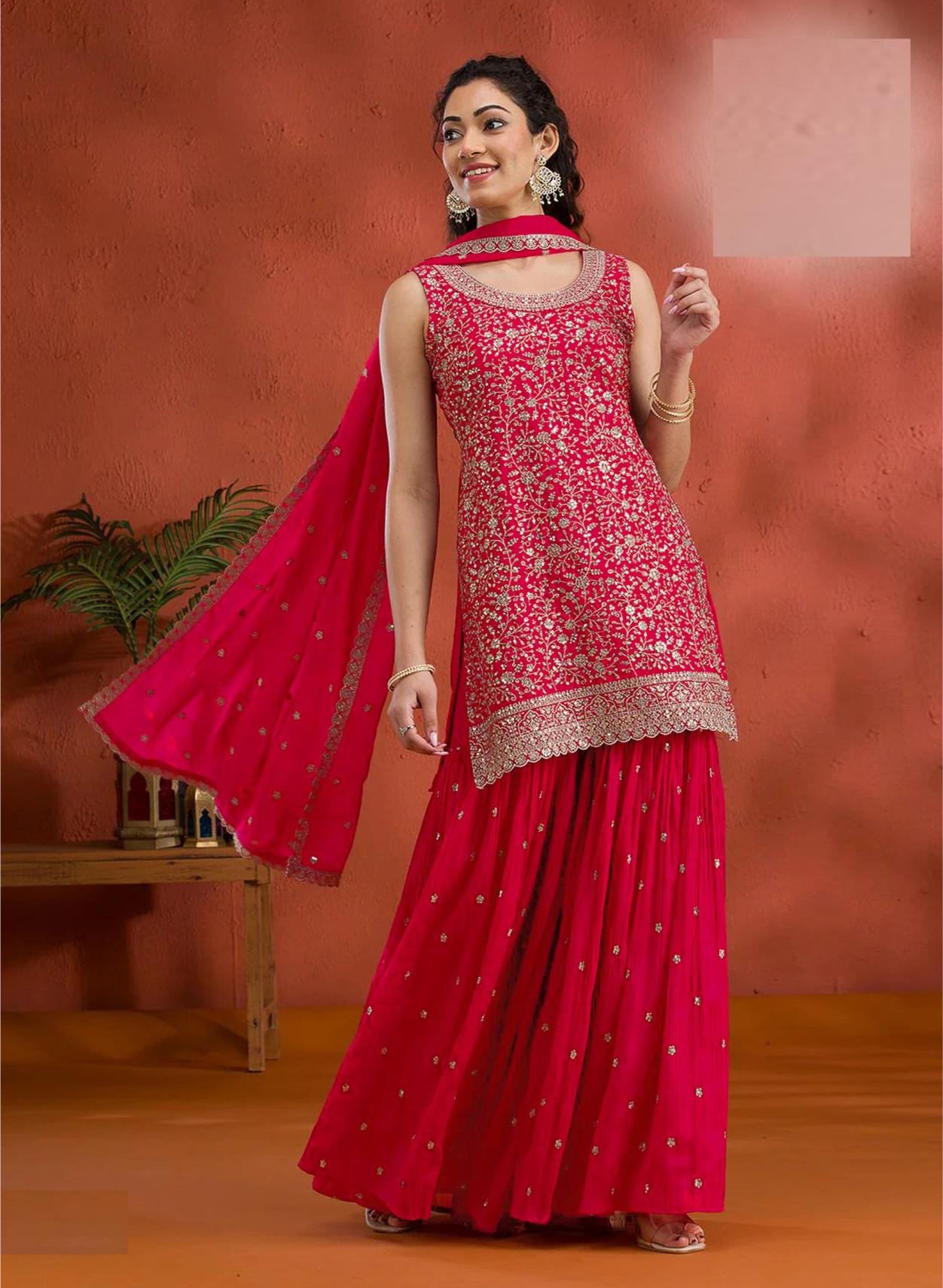 Red Georgette Palazzo Suits