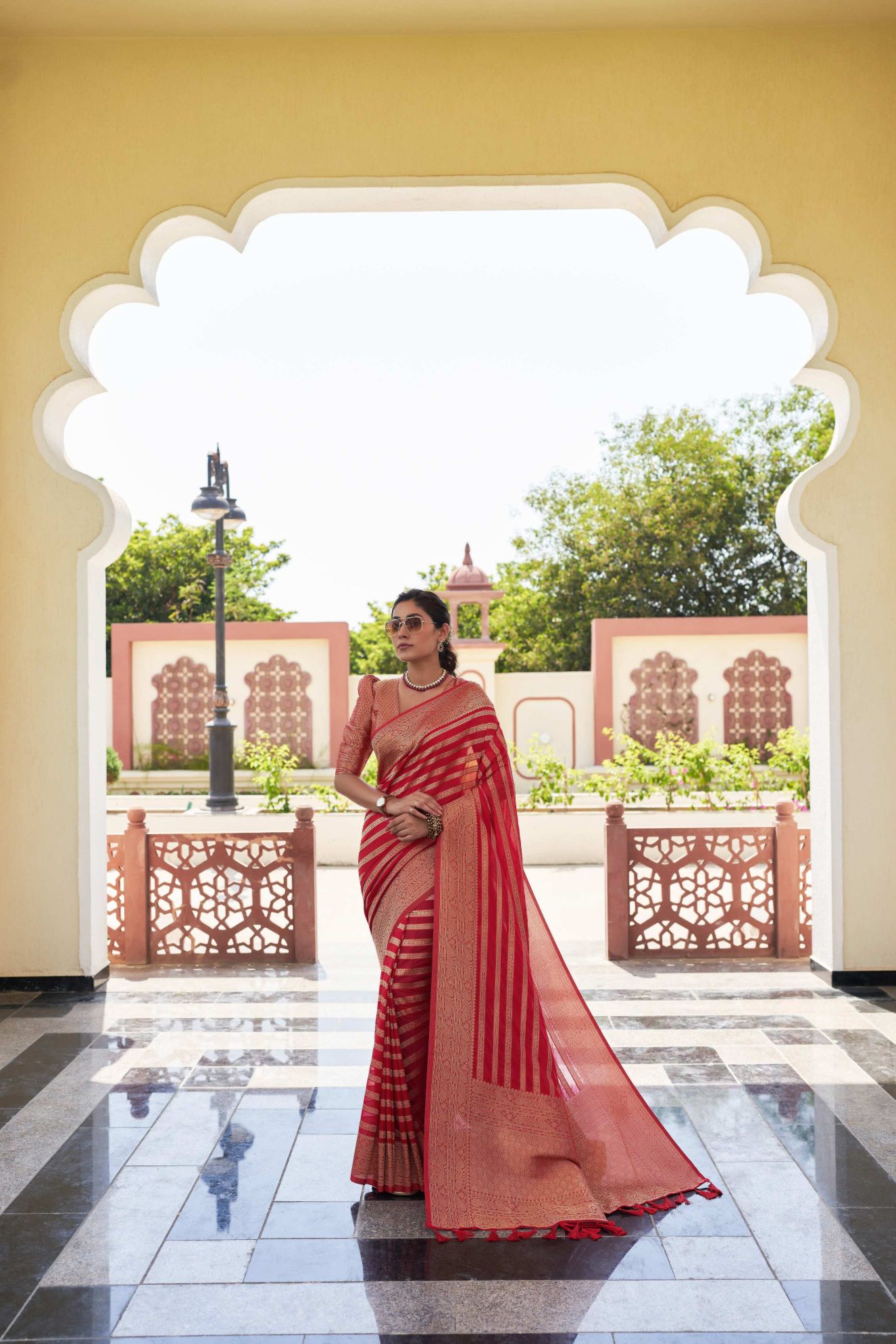 Red Georgette Zari Striped Saree
