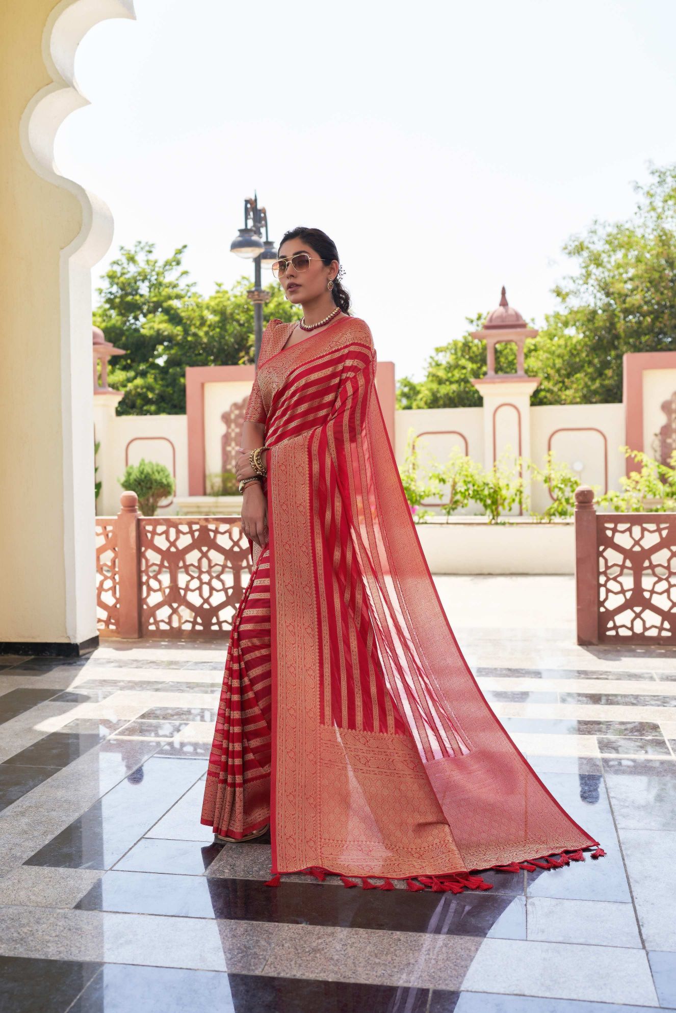 Red Georgette Zari Striped Saree — alternate view
