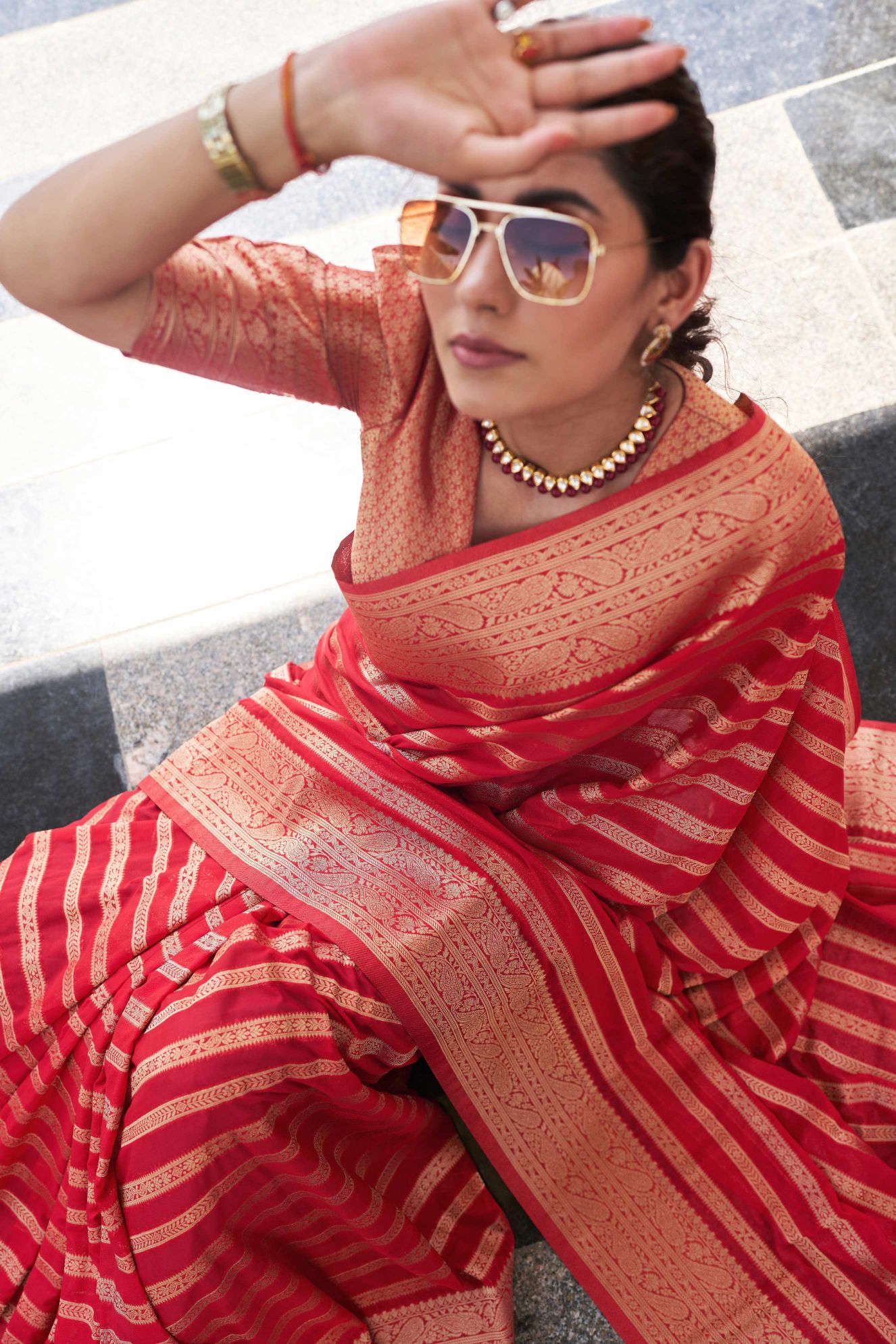 Red Georgette Zari Striped Saree