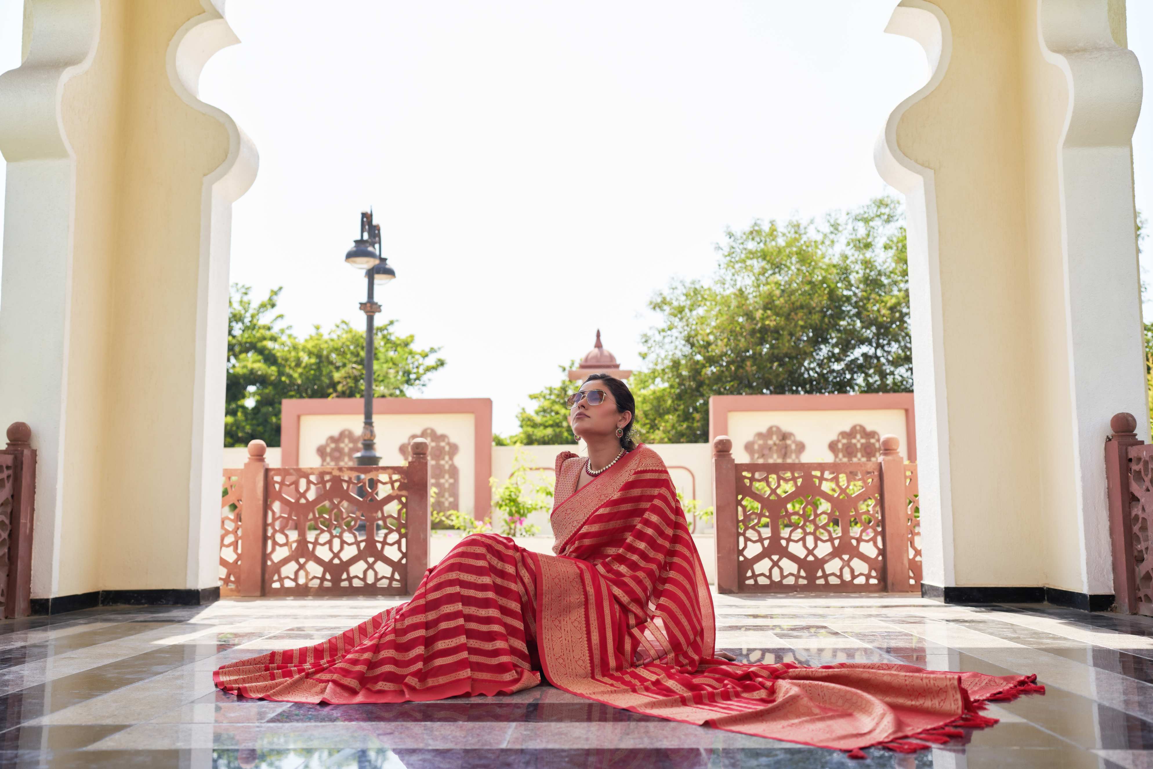 Red Georgette Zari Striped Saree
