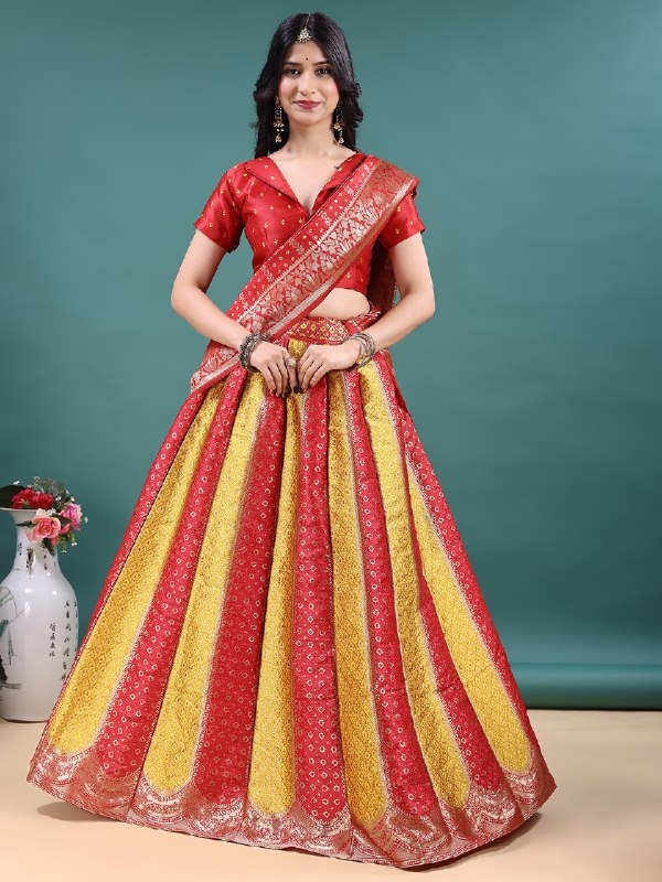 Red Gold Jacquard Work Soft Jacquard Lehenga Choli