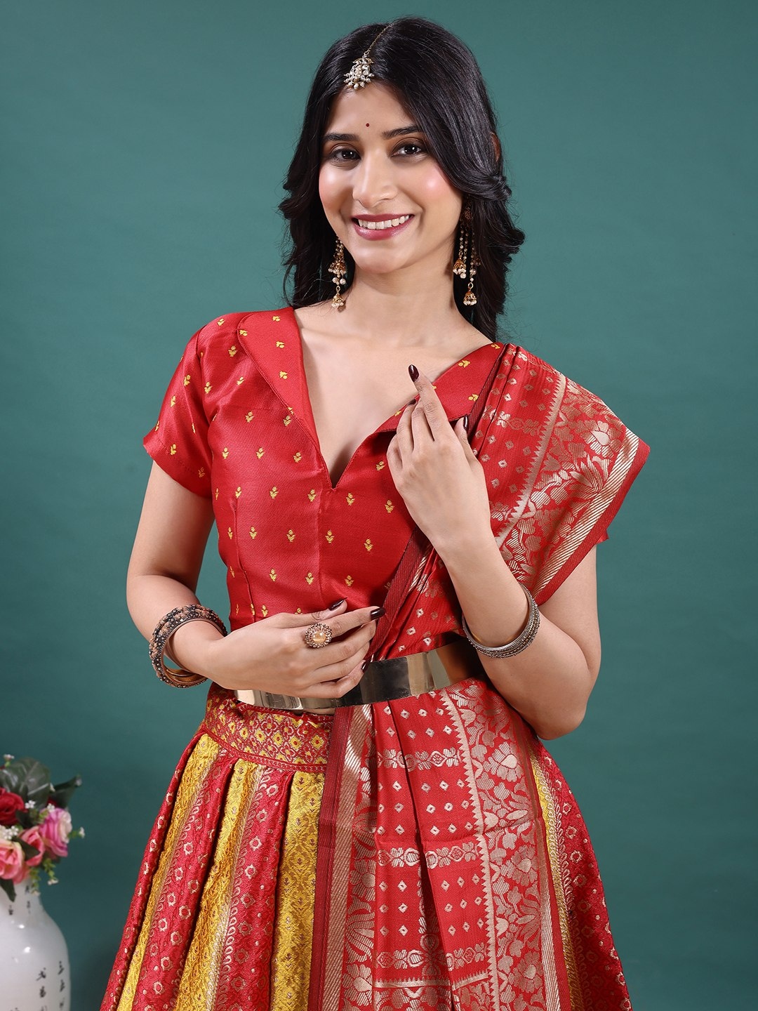 Red Gold Jacquard Work Soft Jacquard Lehenga Choli