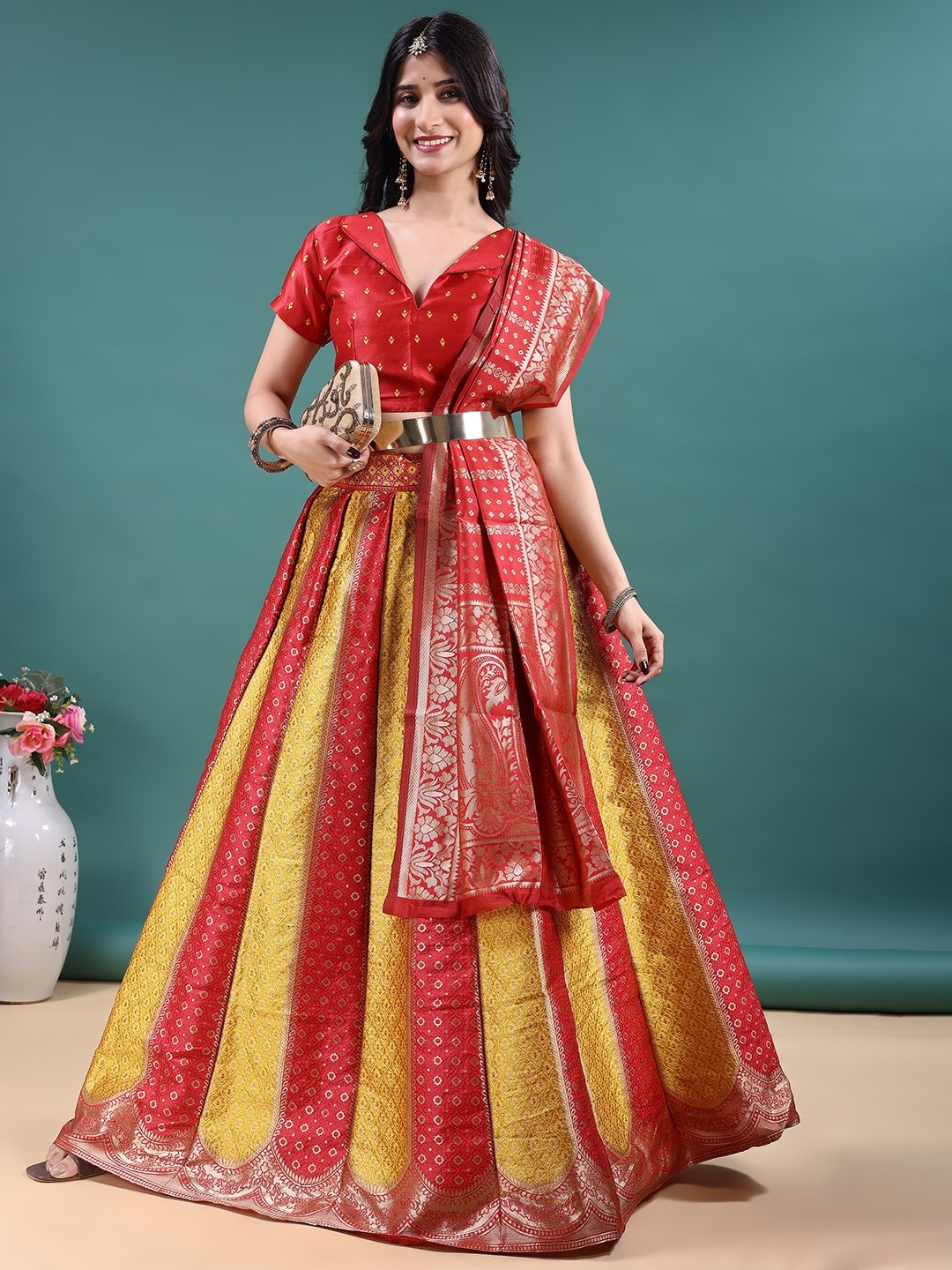 Red Gold Jacquard Work Soft Jacquard Lehenga Choli