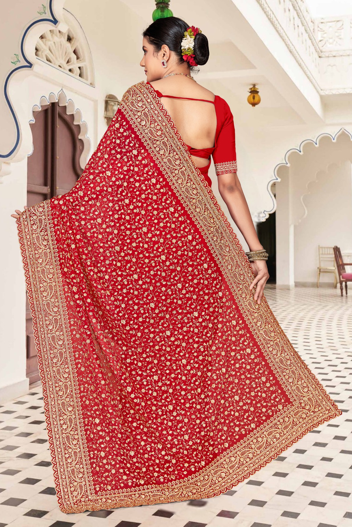Red Gold Zari Embroidered Georgette Saree — alternate view