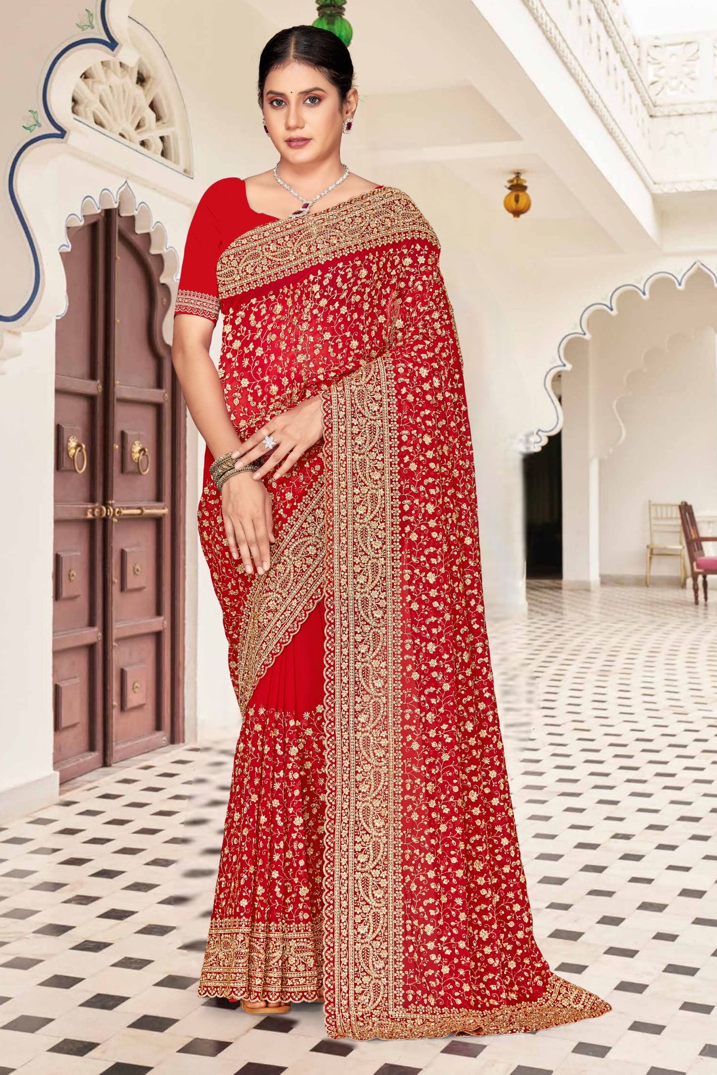 Red Gold Zari Embroidered Georgette Saree
