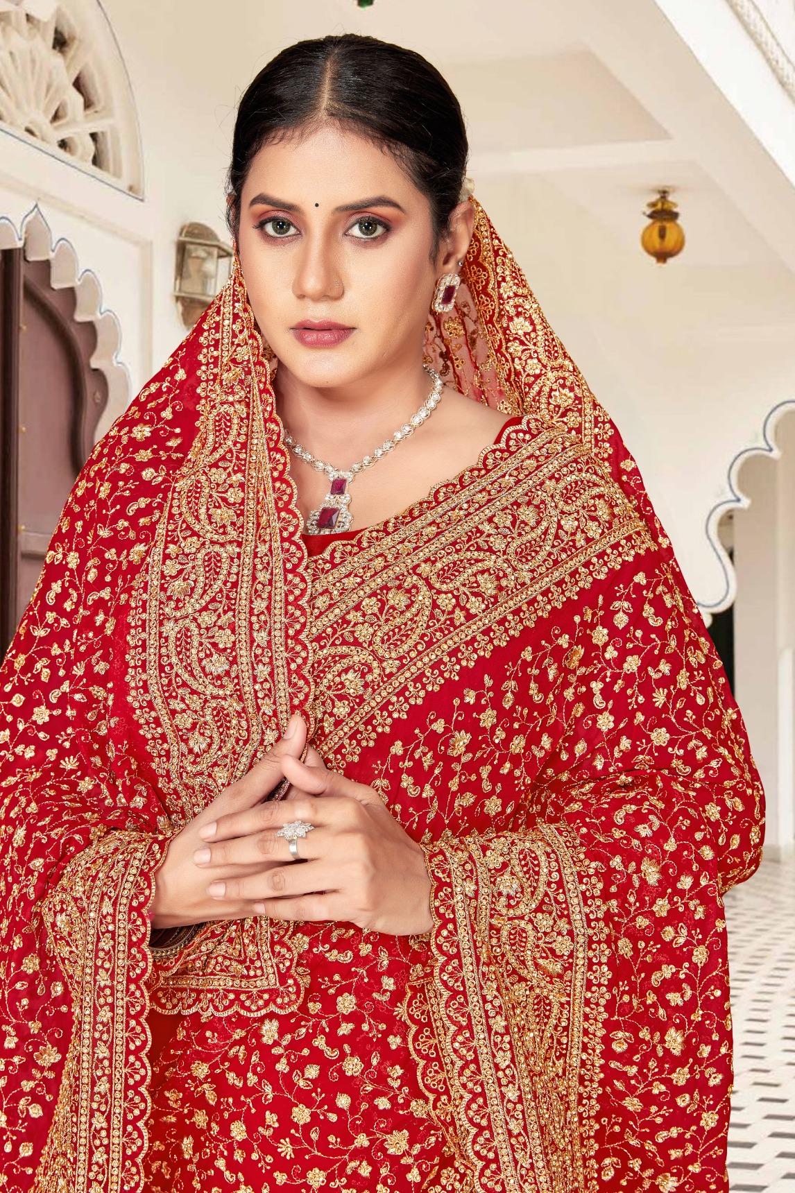 Red Gold Zari Embroidered Georgette Saree