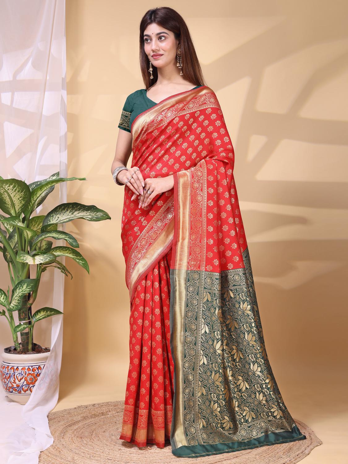 Red Green Lichi Silk Zari Work Saree