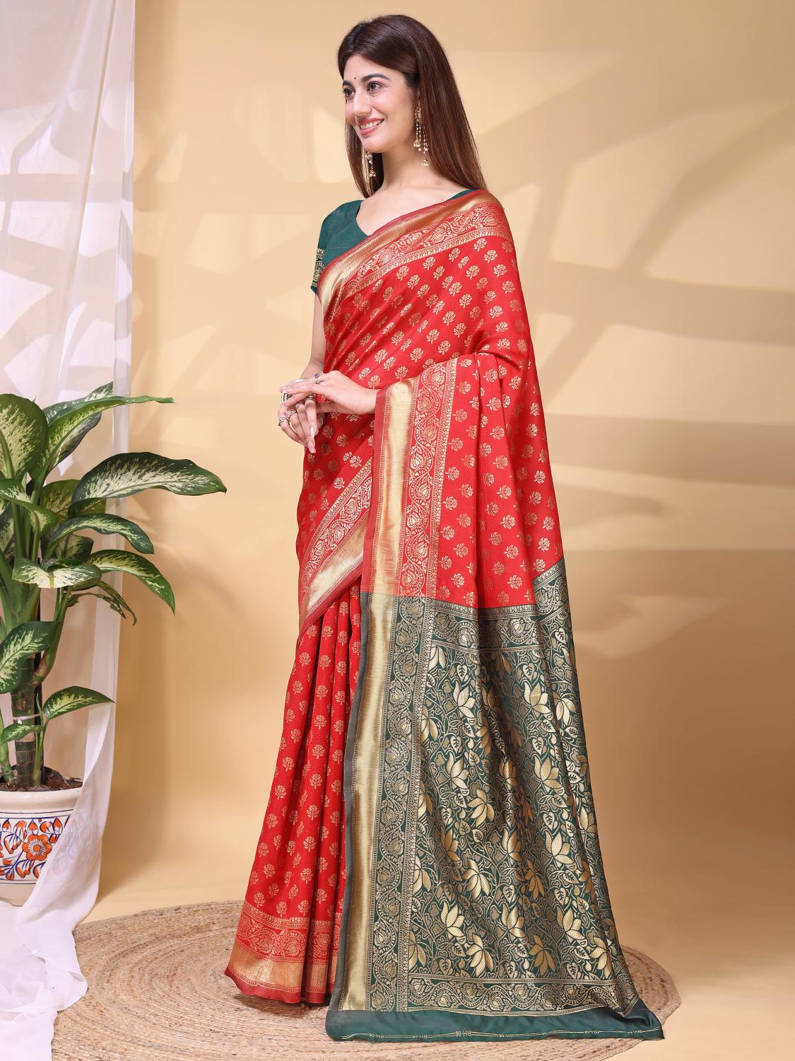 Red Green Lichi Silk Zari Work Saree