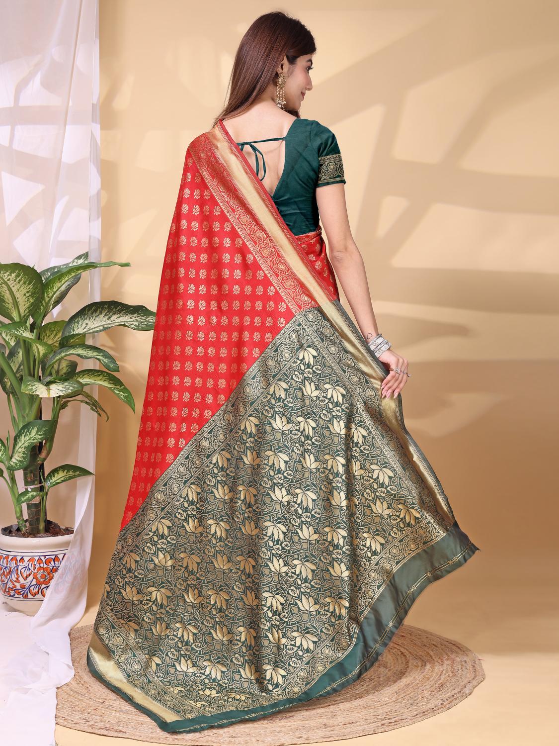 Red Green Lichi Silk Zari Work Saree