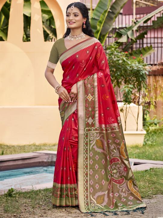 Red Green Woven Designer Pochampalli Silk Saree