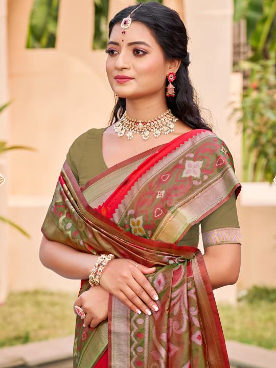 Red Green Woven Designer Pochampalli Silk Saree — alternate view