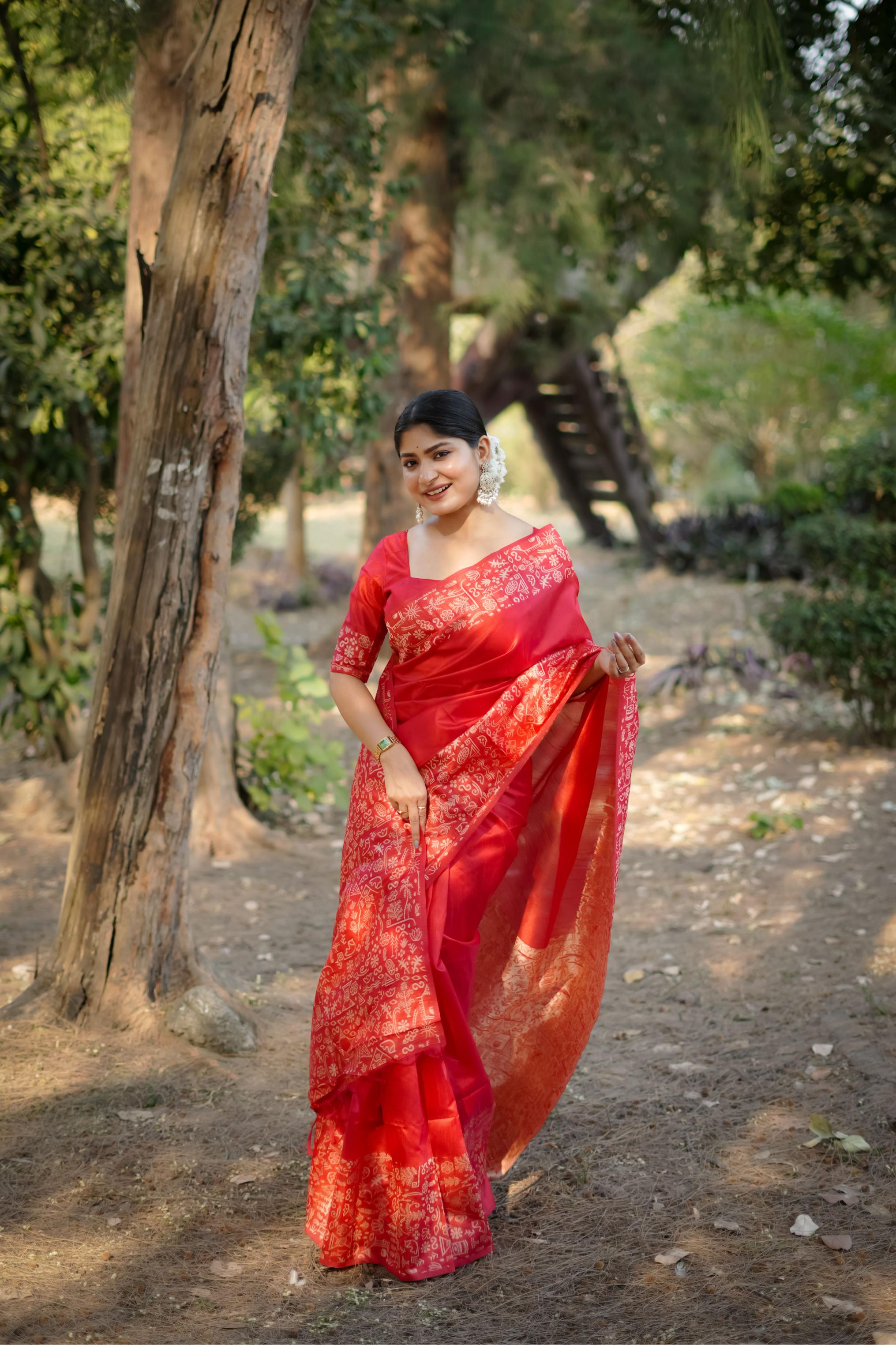 Red Handloom Raw Silk Saree