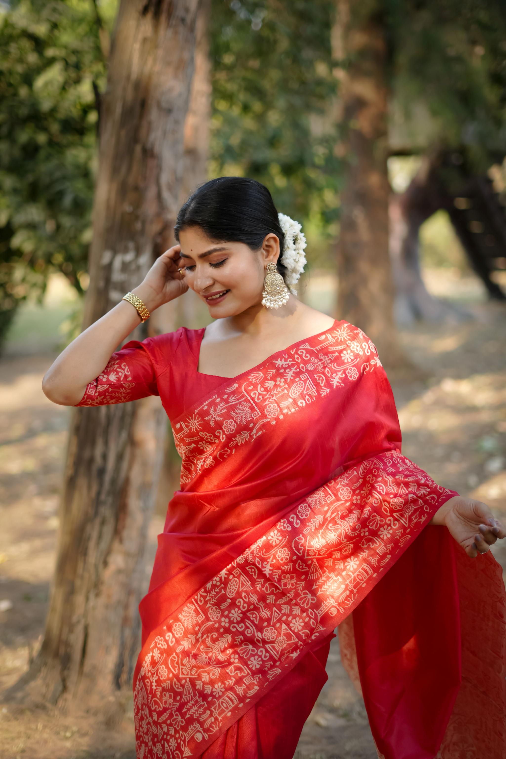Red Handloom Raw Silk Saree