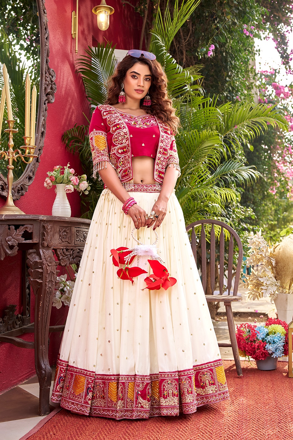 Red Heavy Embroidery Thread Work Pure Vichitra Lehenga Choli with Koti