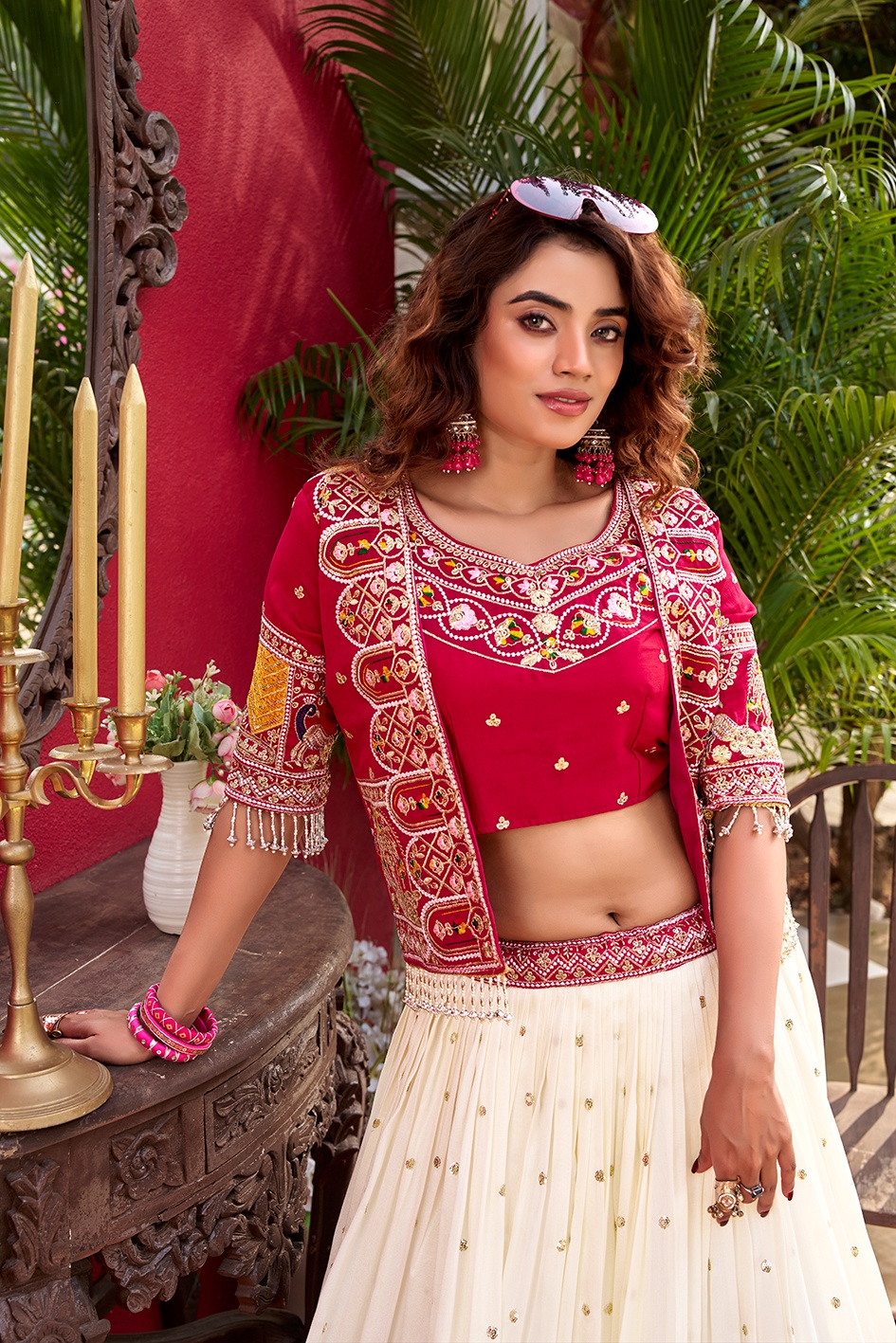 Red Heavy Embroidery Thread Work Pure Vichitra Lehenga Choli with Koti — alternate view