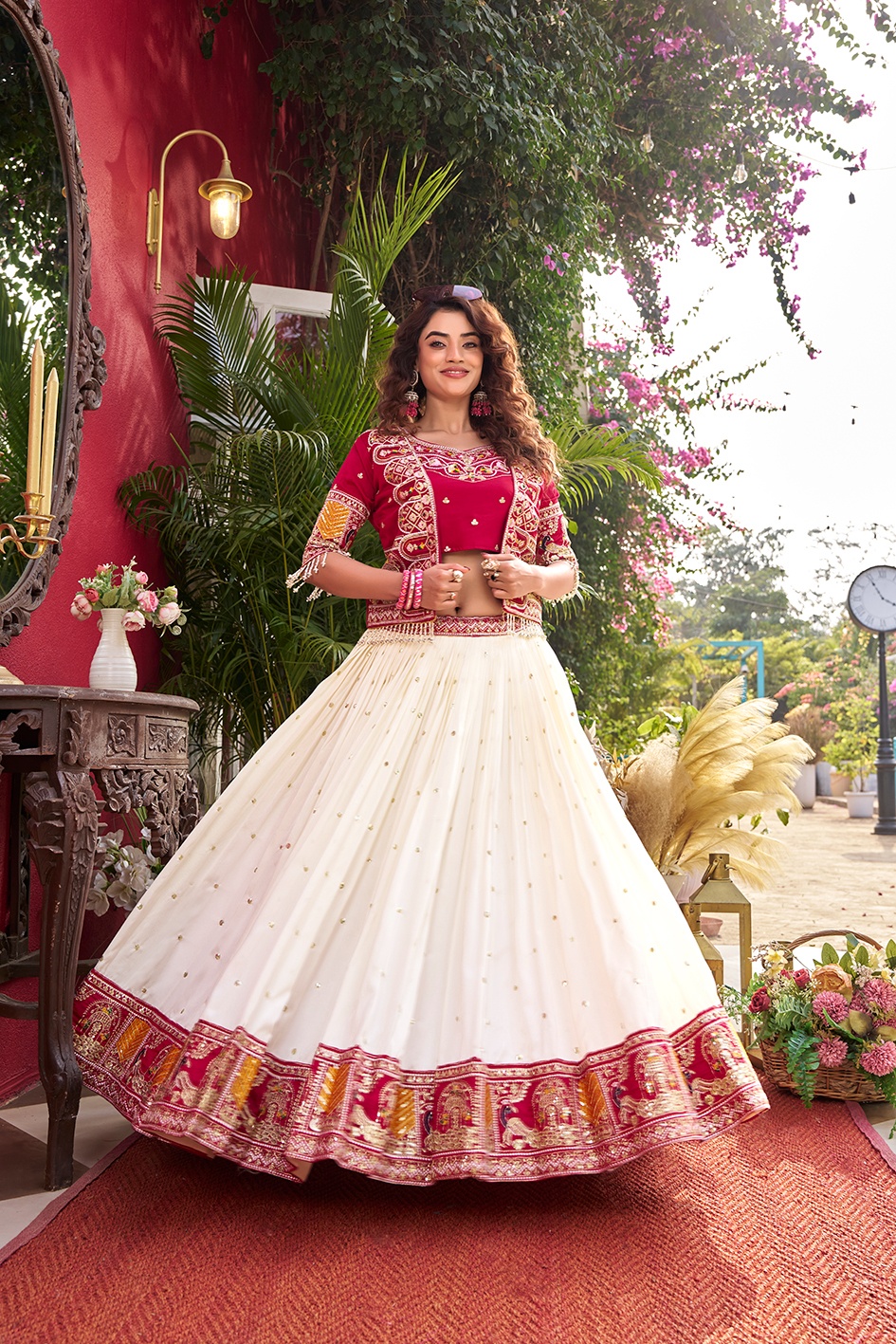 Red Heavy Embroidery Thread Work Pure Vichitra Lehenga Choli with Koti