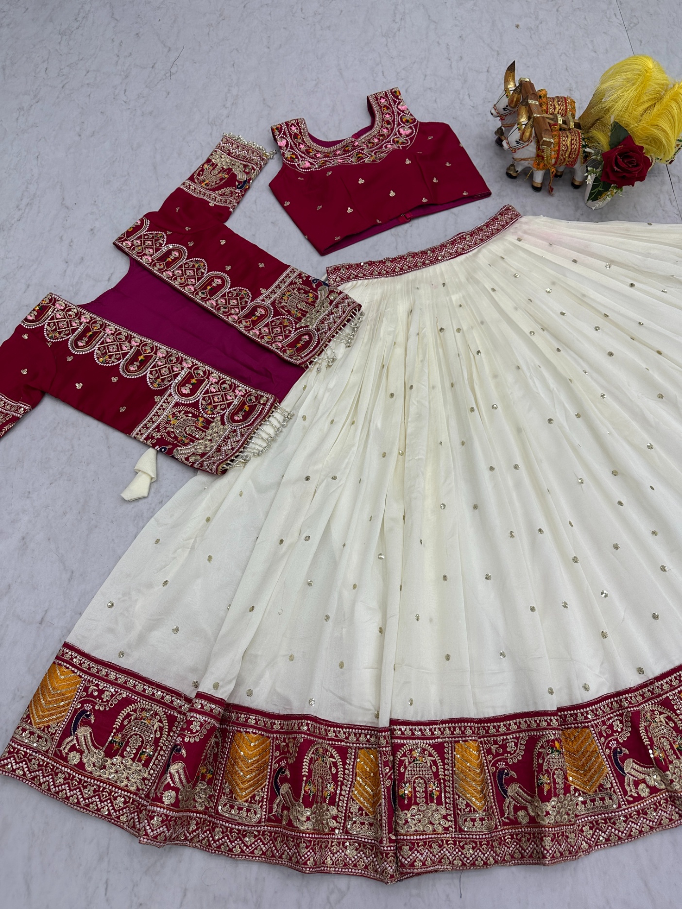Red Heavy Embroidery Thread Work Pure Vichitra Lehenga Choli with Koti