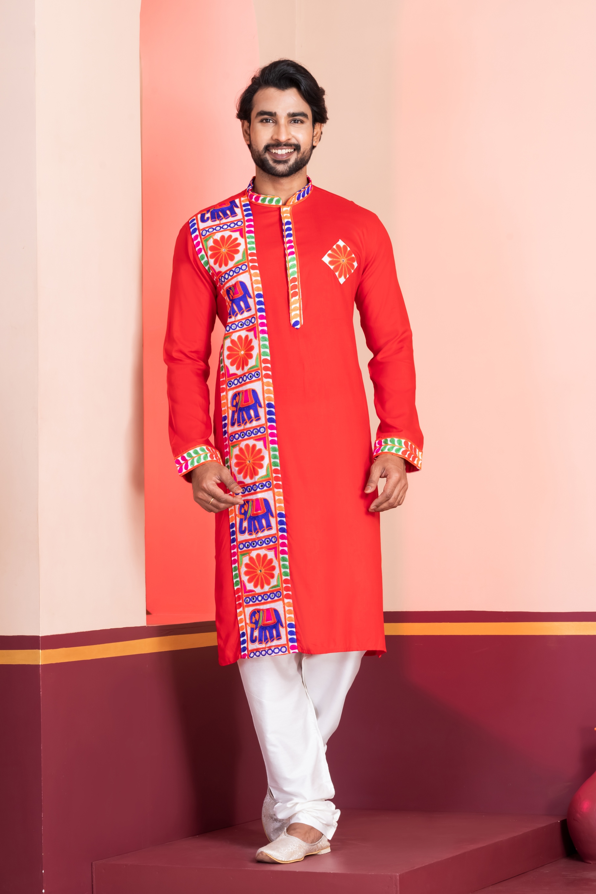 Red Heritage Embroidered Rayon Kurta Pyjama