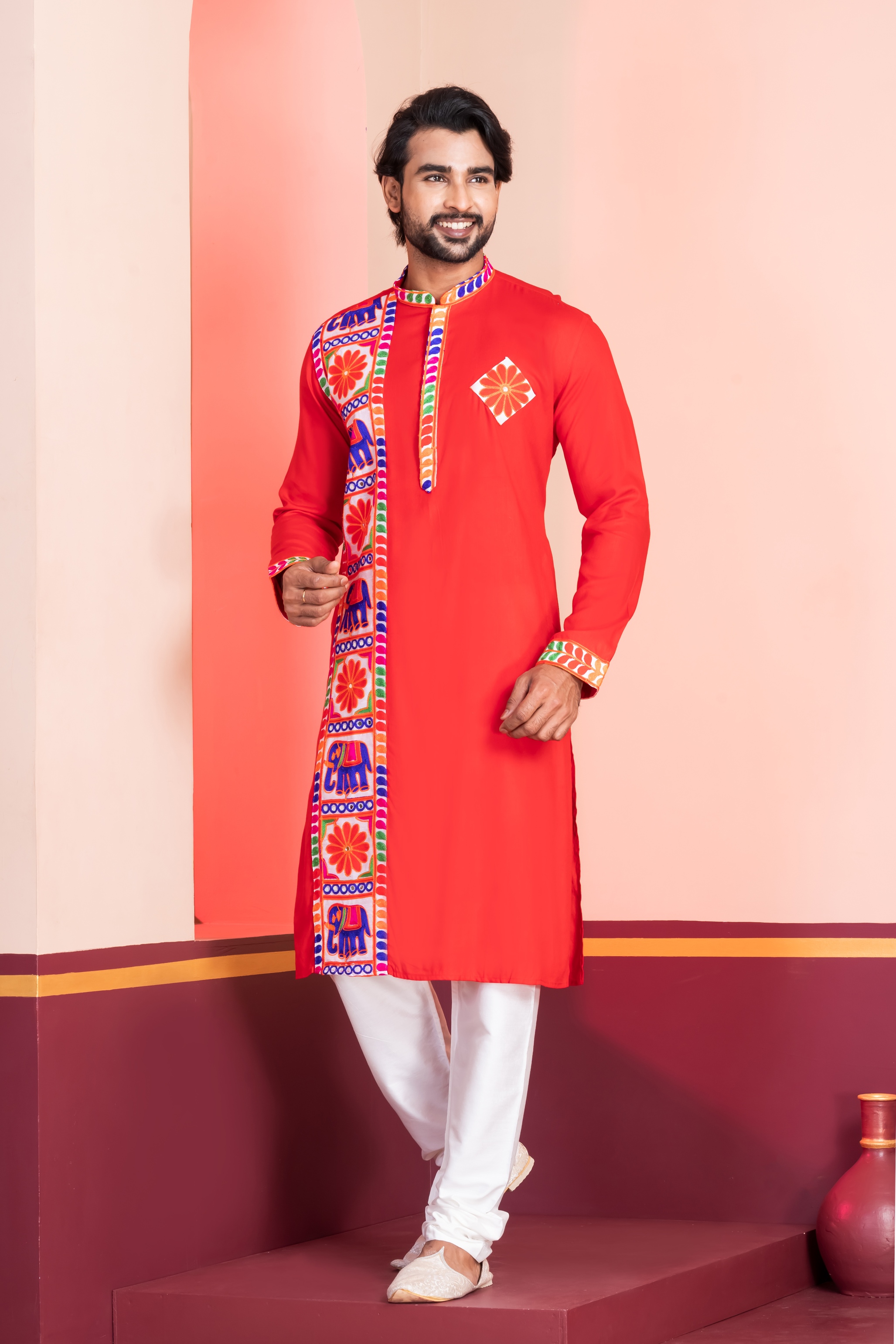 Red Heritage Embroidered Rayon Kurta Pyjama