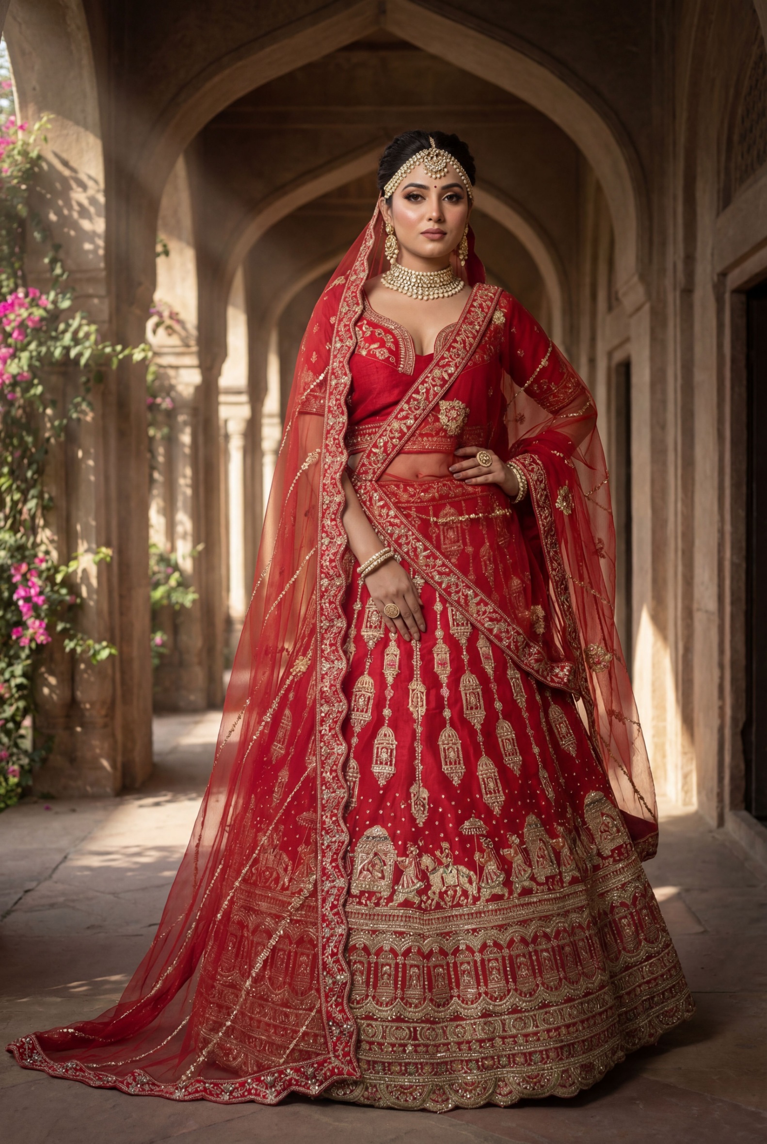 Red Heritage Embroidered Silk Lehenga