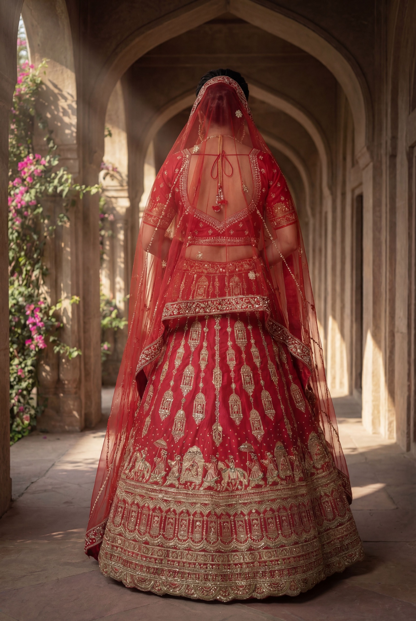 Red Heritage Embroidered Silk Lehenga — alternate view