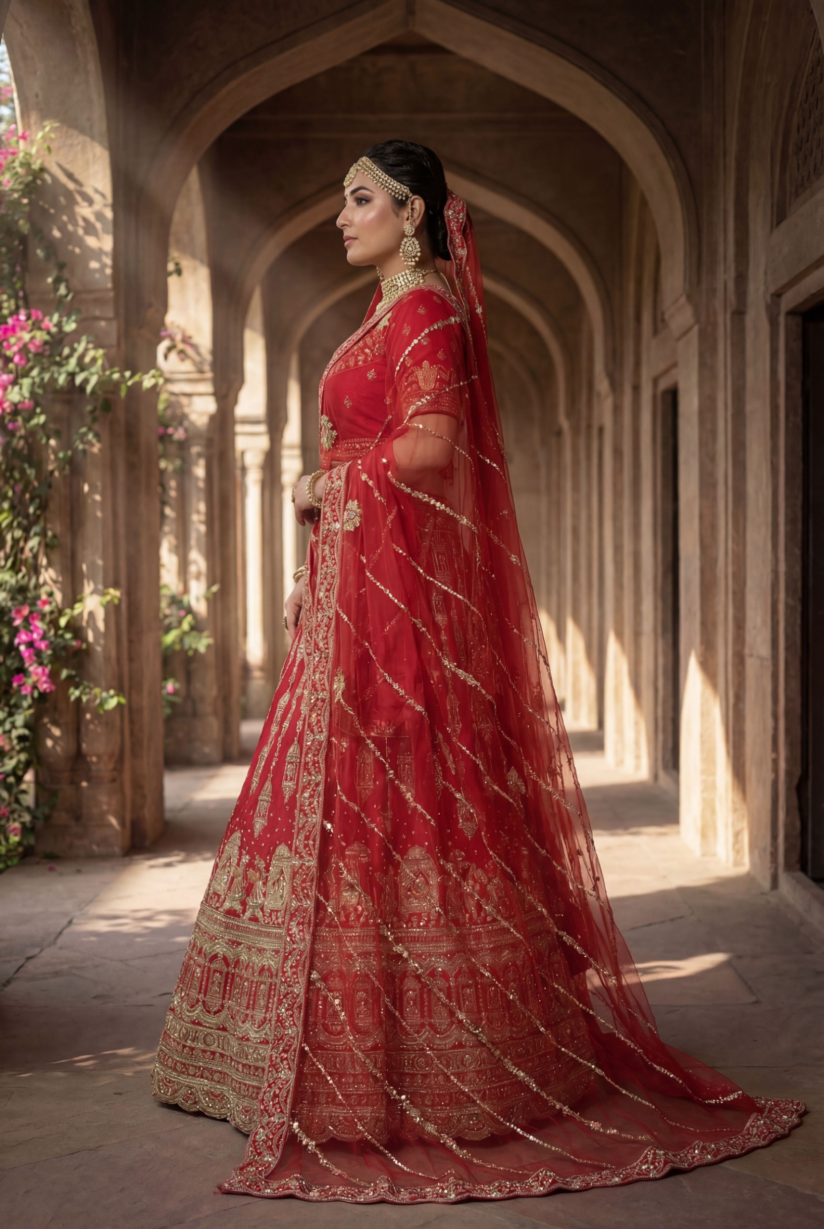 Red Heritage Embroidered Silk Lehenga
